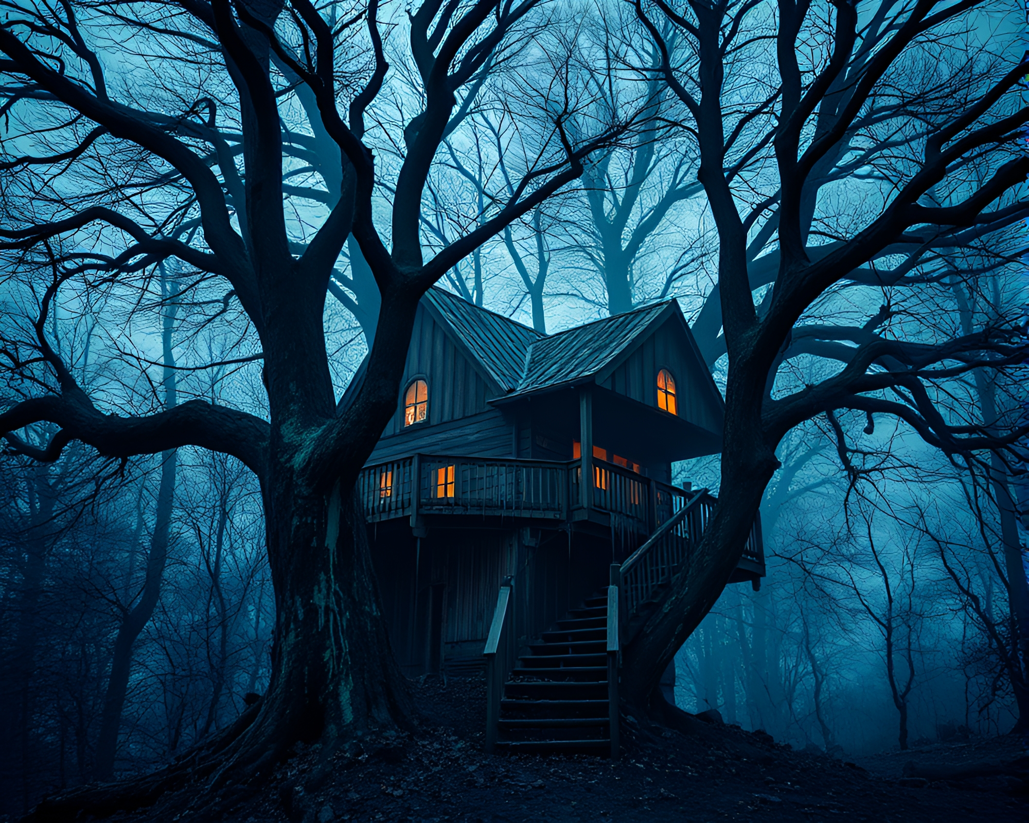 Ethereal Treehouse Enveloped in Shadows – free AI stock image