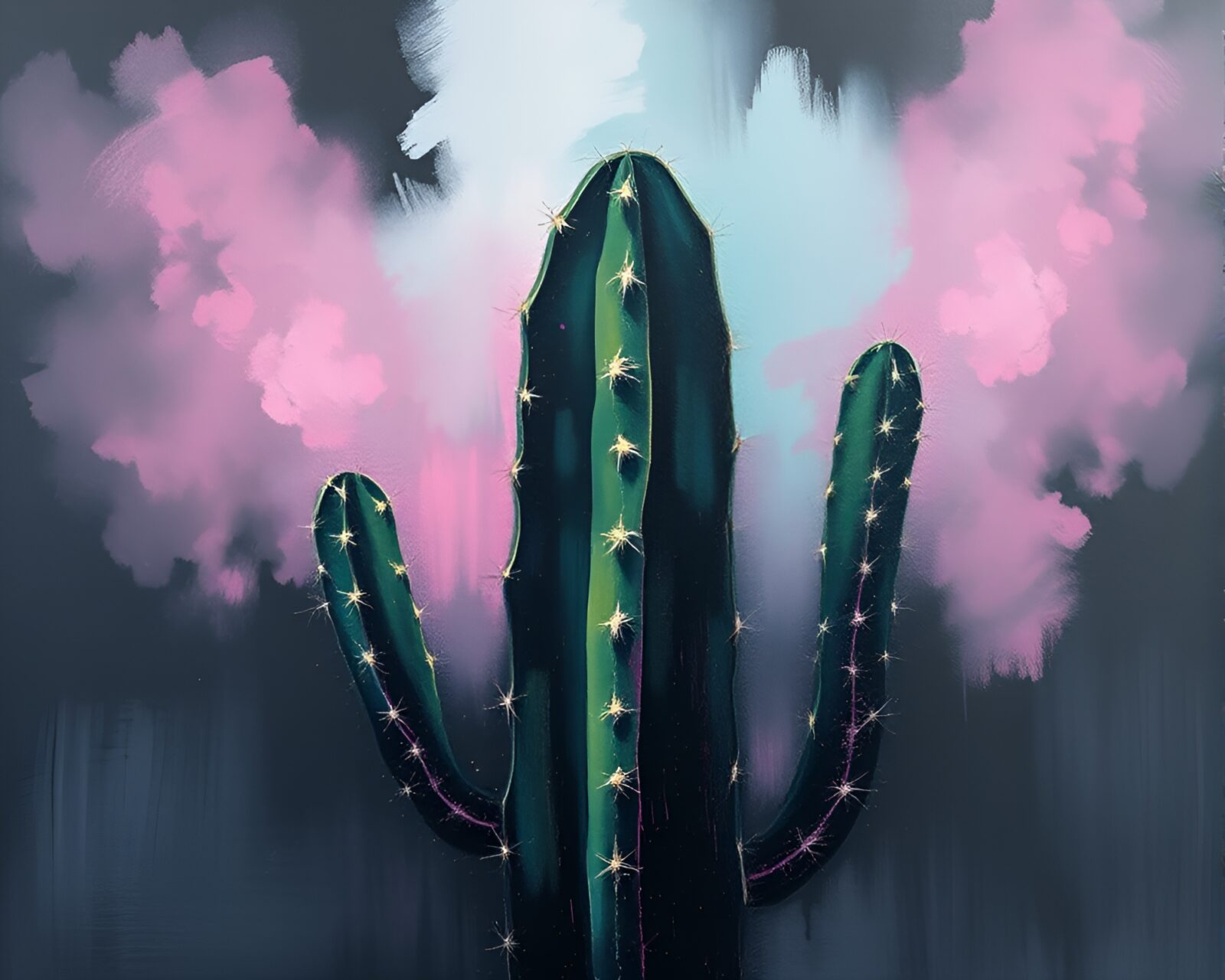 Vibrant neon cactus in encaustic style on smudged chalkboard