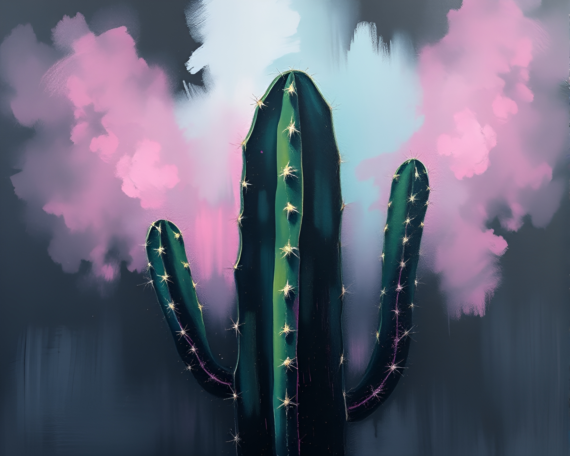 Neon Cactus Encaustic Painting on Chalkboard with Misty Air – free AI stock image