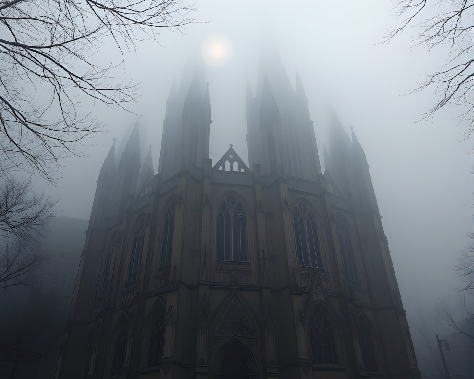 Majestic cathedral in fog with stunning lens flare illusion