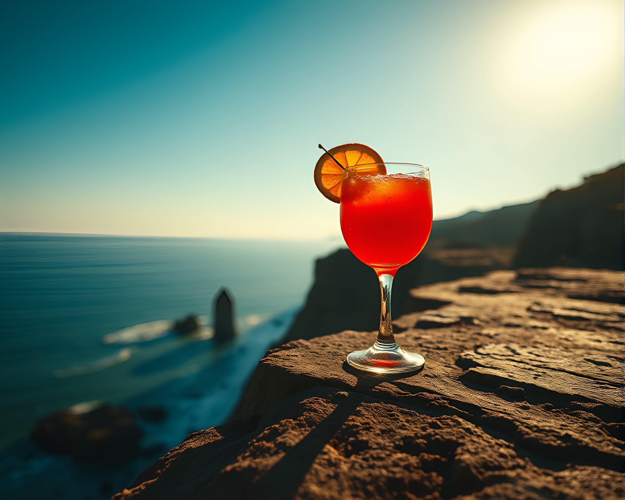 Blood Orange Cocktail on Cliffside: Dripped Paint Style – free AI stock image