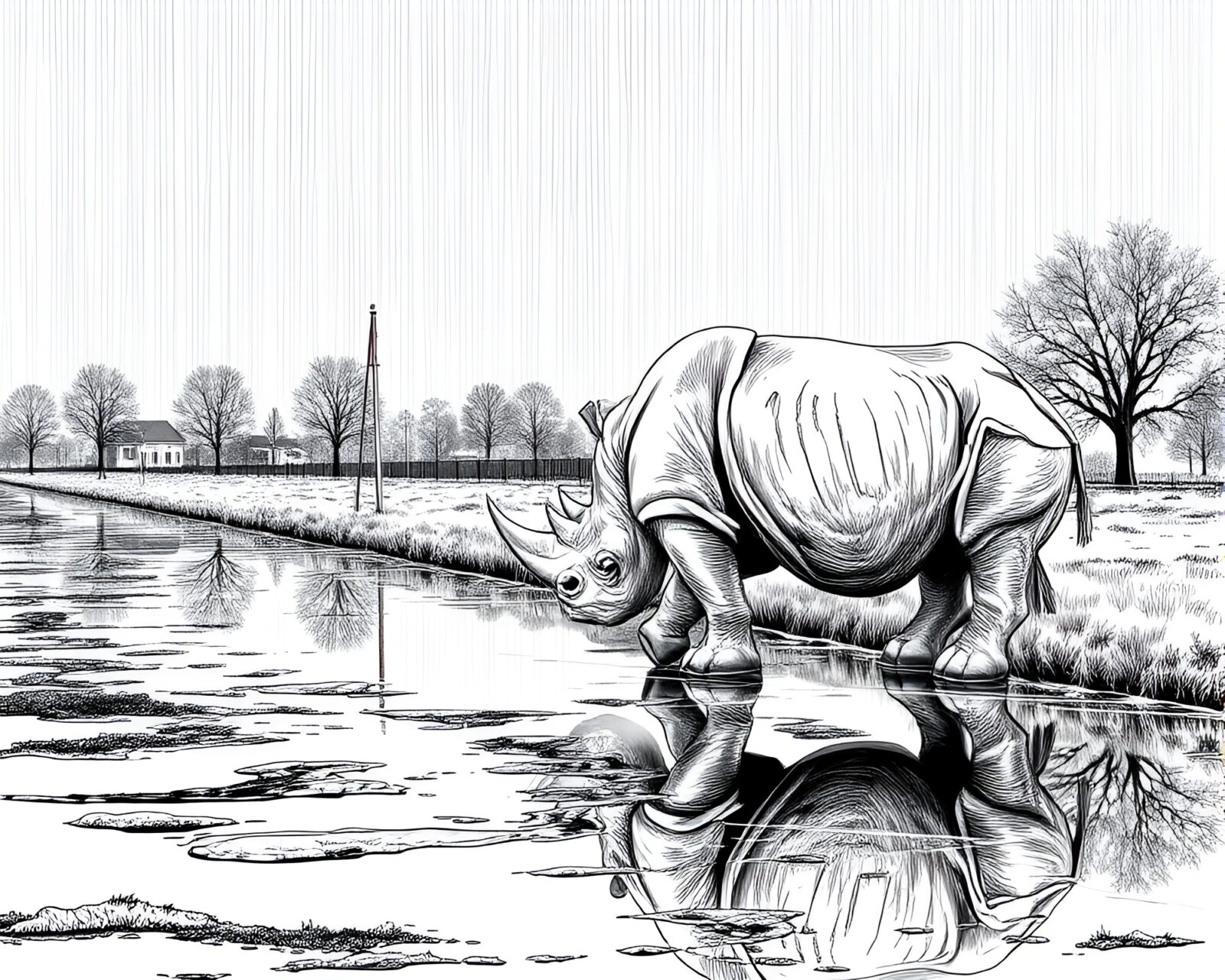 Black and white artwork of a rhinoceros in reflective rainy puddles