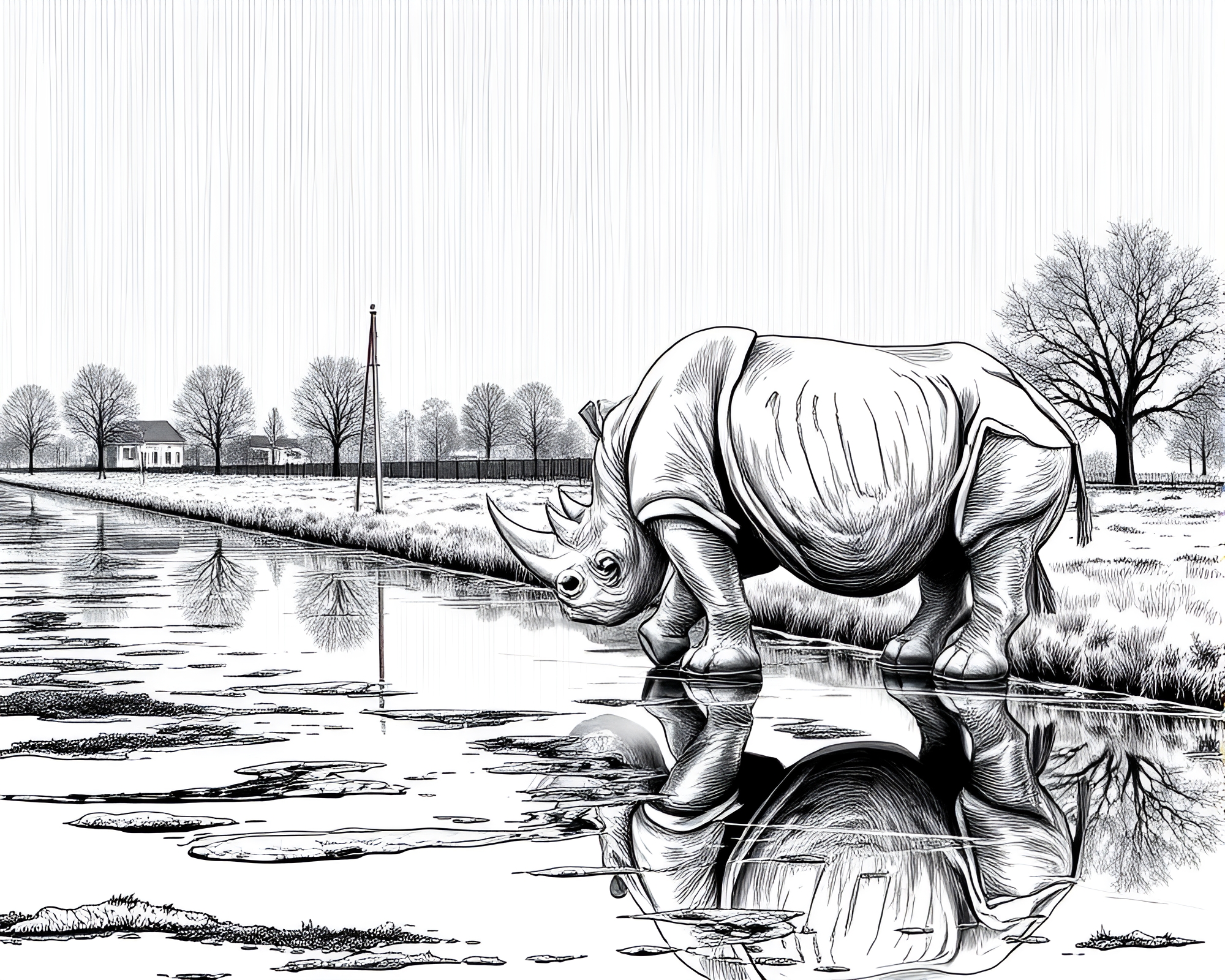 Rhinoceros in Rainy Reflections Line Art Composition – free AI stock image