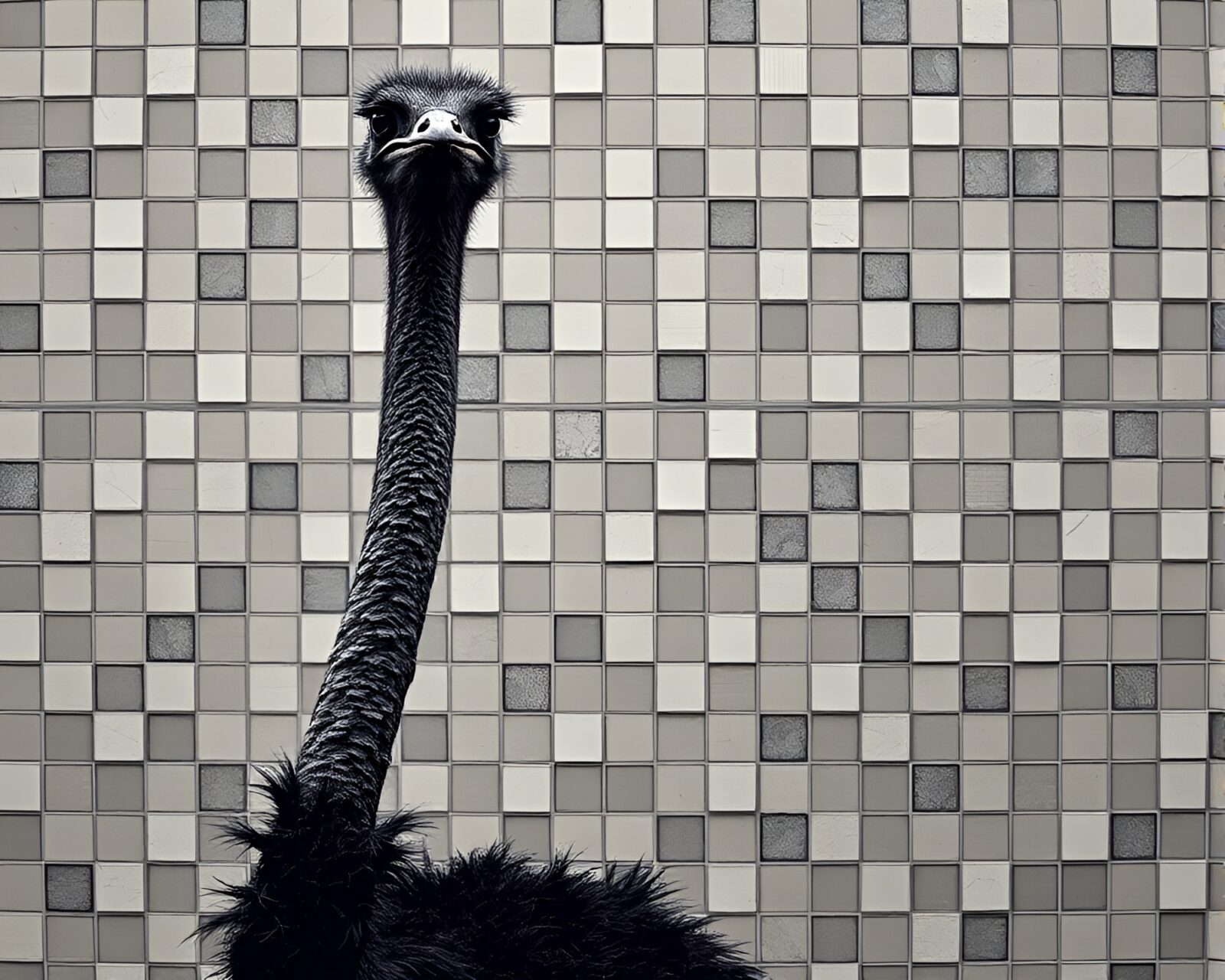 Tiled mosaic of an elegant ostrich in earth tones