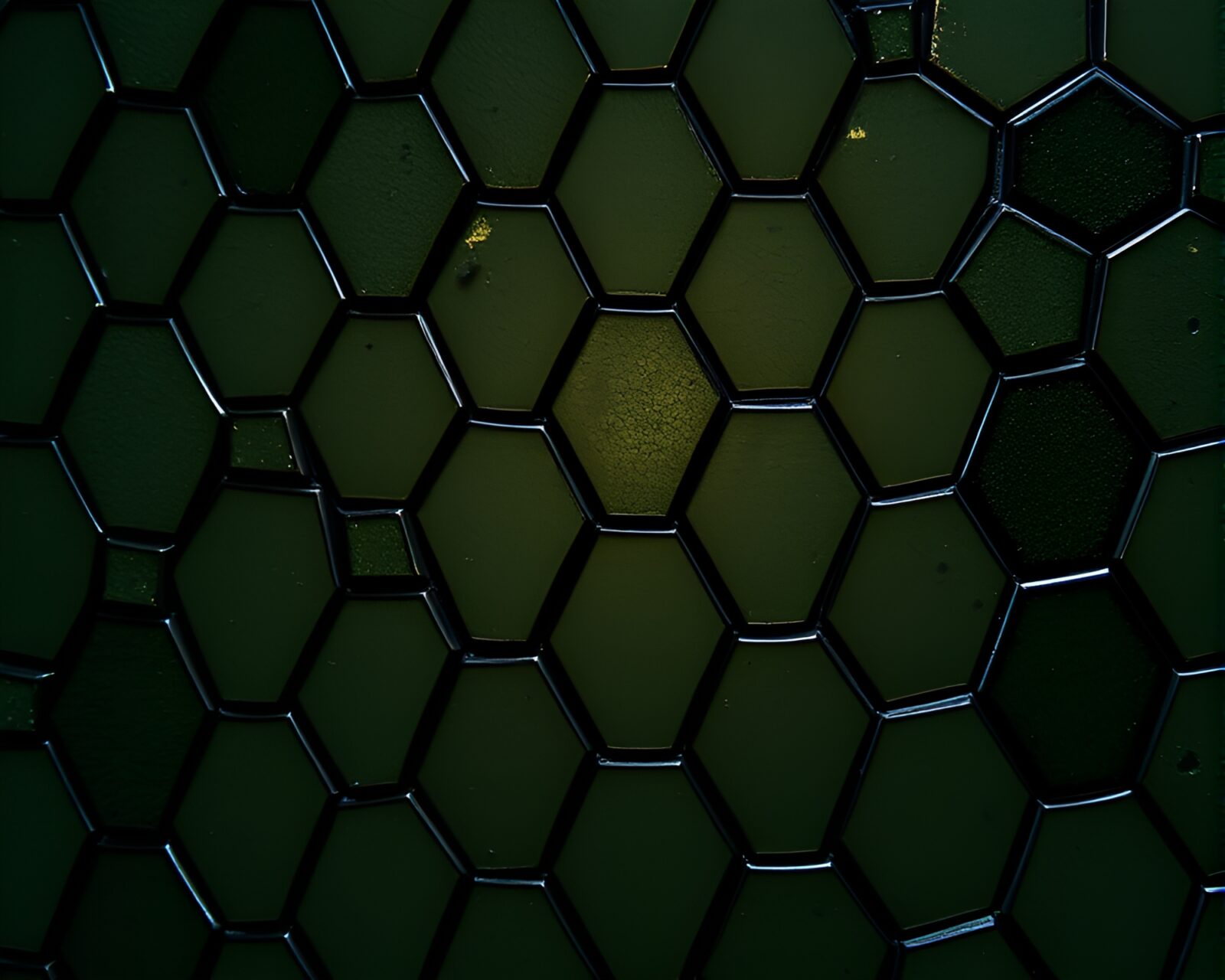 Colorful hexagonal stained glass tiles under a microscope lens