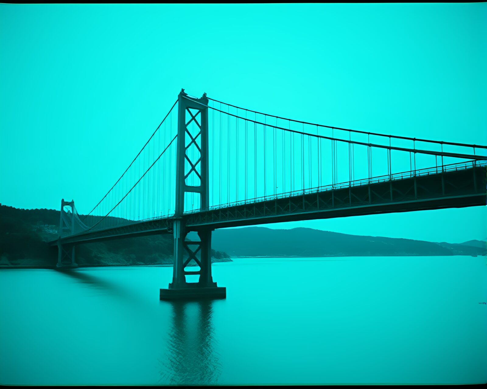 A retro-style suspension bridge over a halftone grid in serene teal lighting