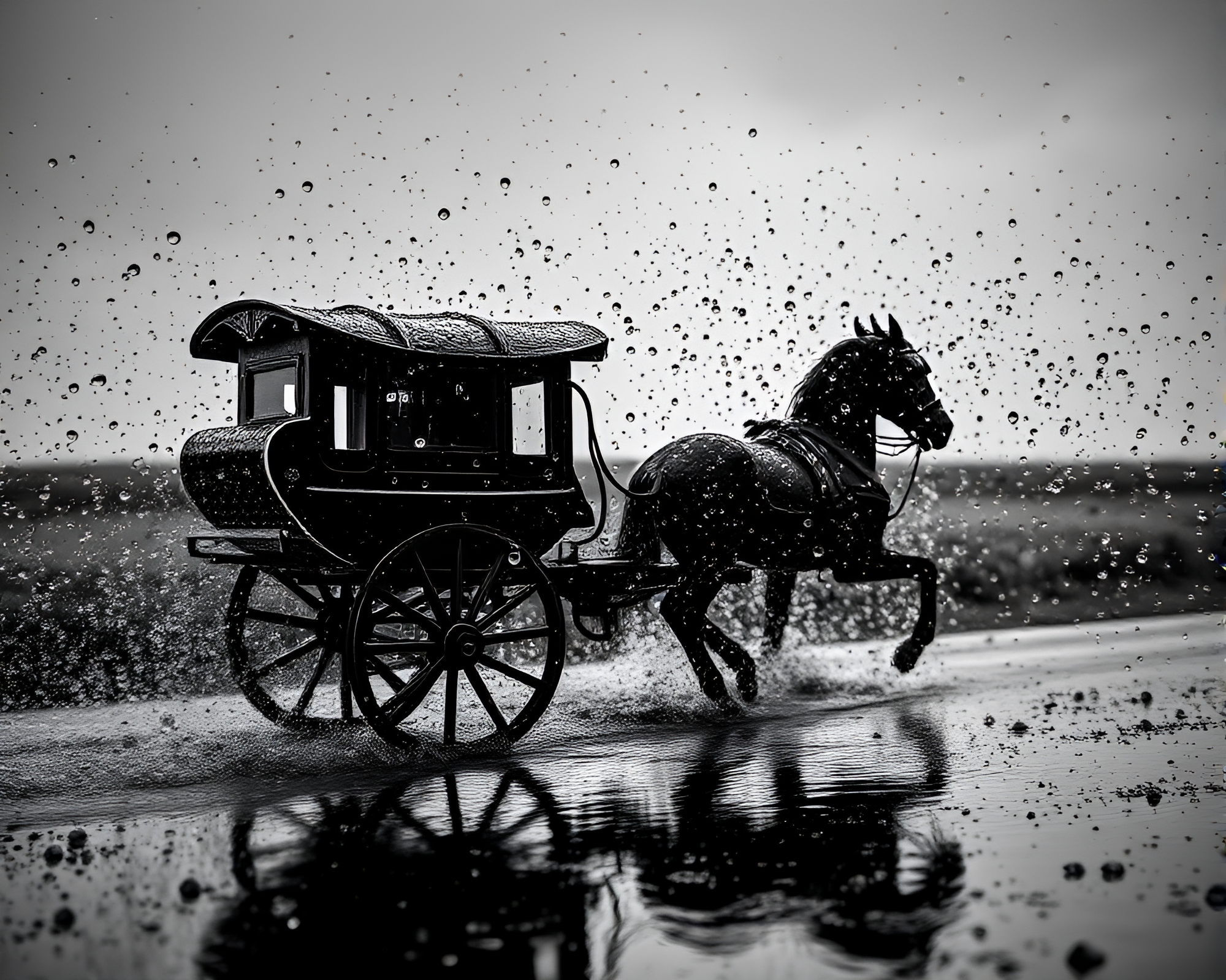 Stagecoach Through Rain: Noir Color Splash Composition – free AI stock image