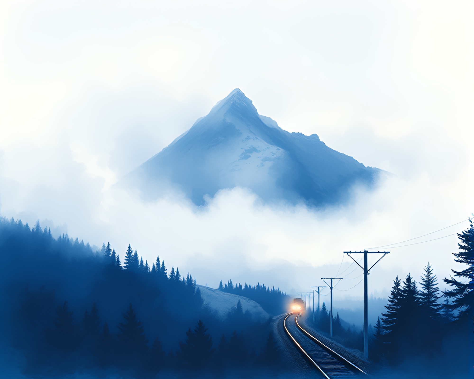 Mist-shrouded Mountain Train Light Trails Sketch – free AI stock image