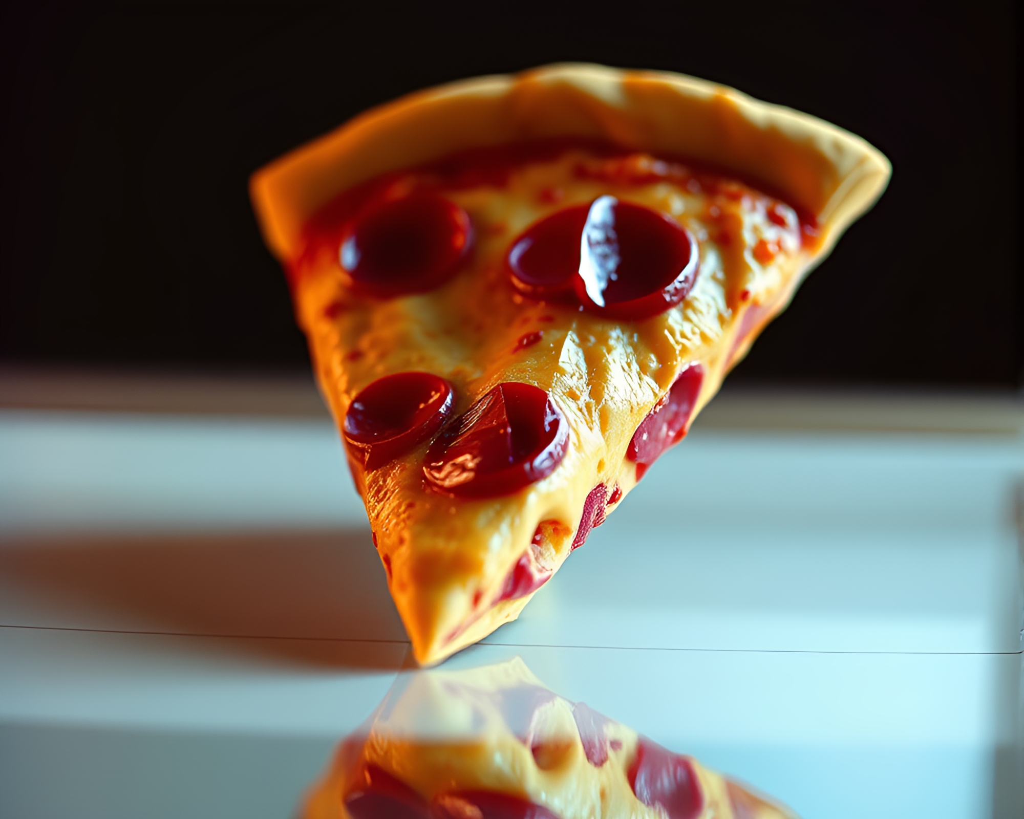Pizza Slice Reflection in Origami Style with VHS Distortion – free AI stock image