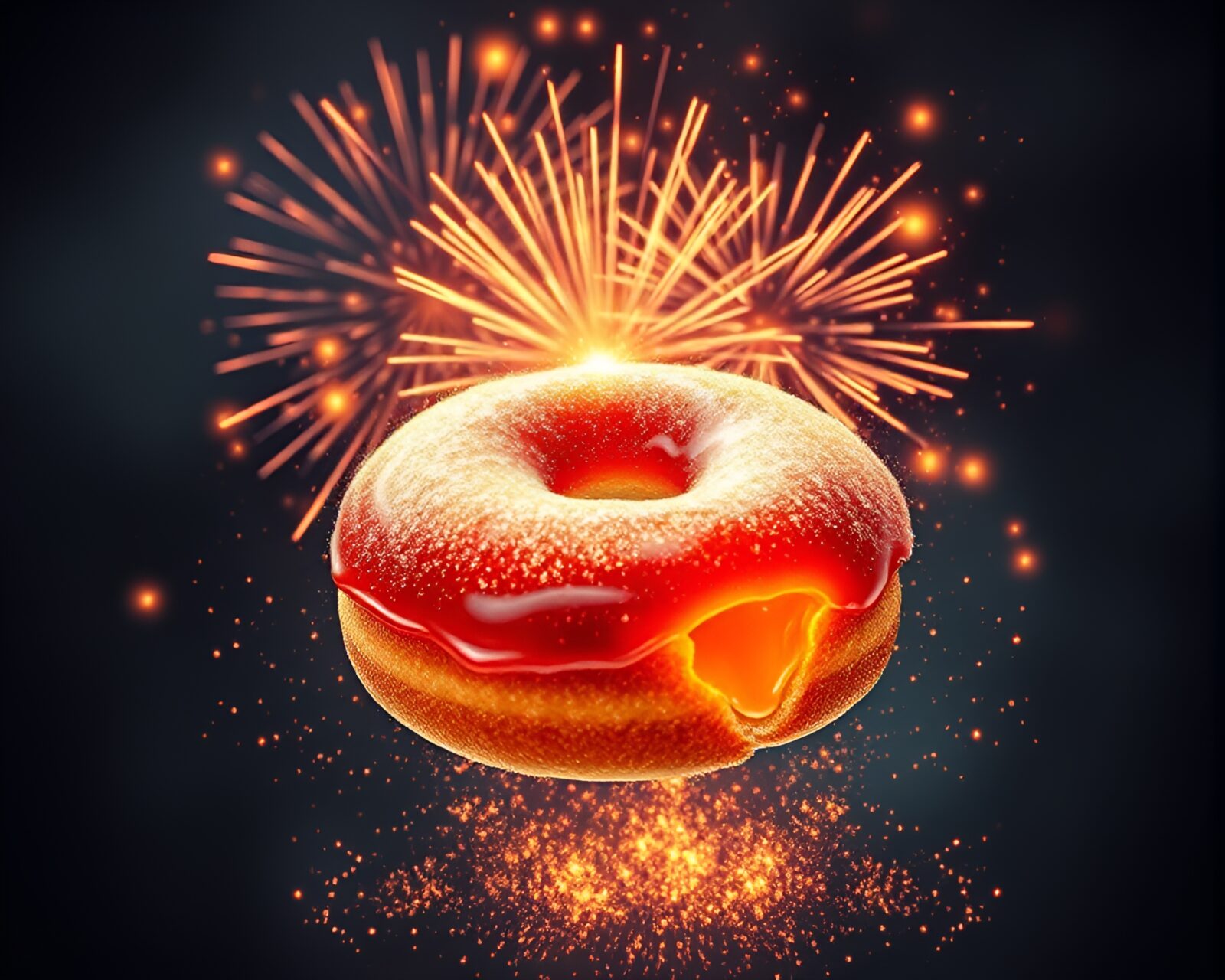 Engraved illustration of colorful fireworks shaped like jelly-filled doughnuts in a peachy glow sky