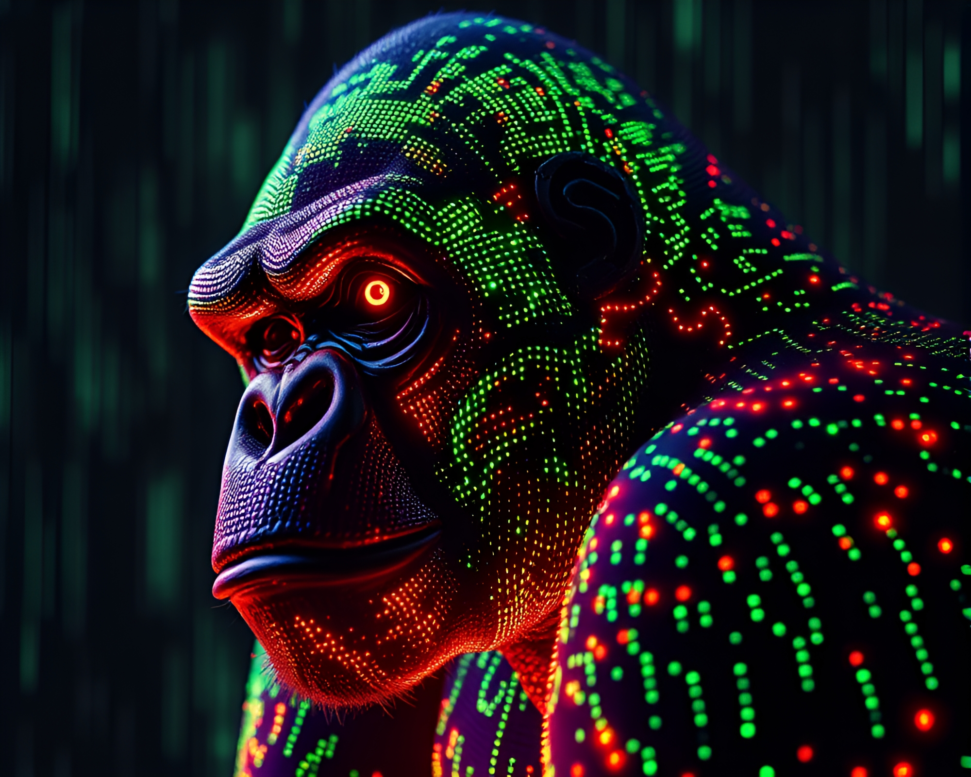 Glowing Cybernetic Gorilla Matrix Artwork – free AI stock image