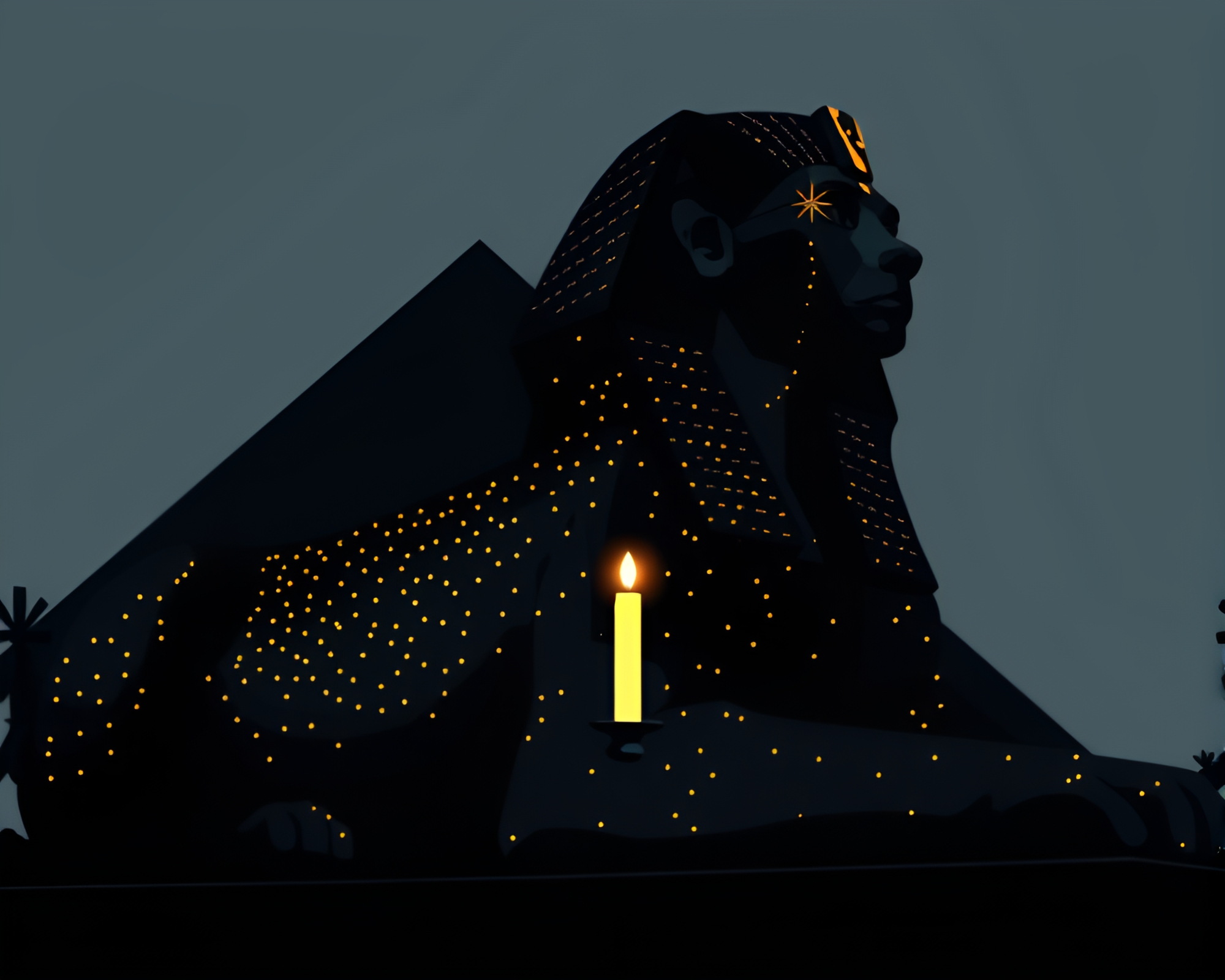 Surreal Screenprint Dots Illuminate Sphinx Statue at Candlelit Church – free AI stock image