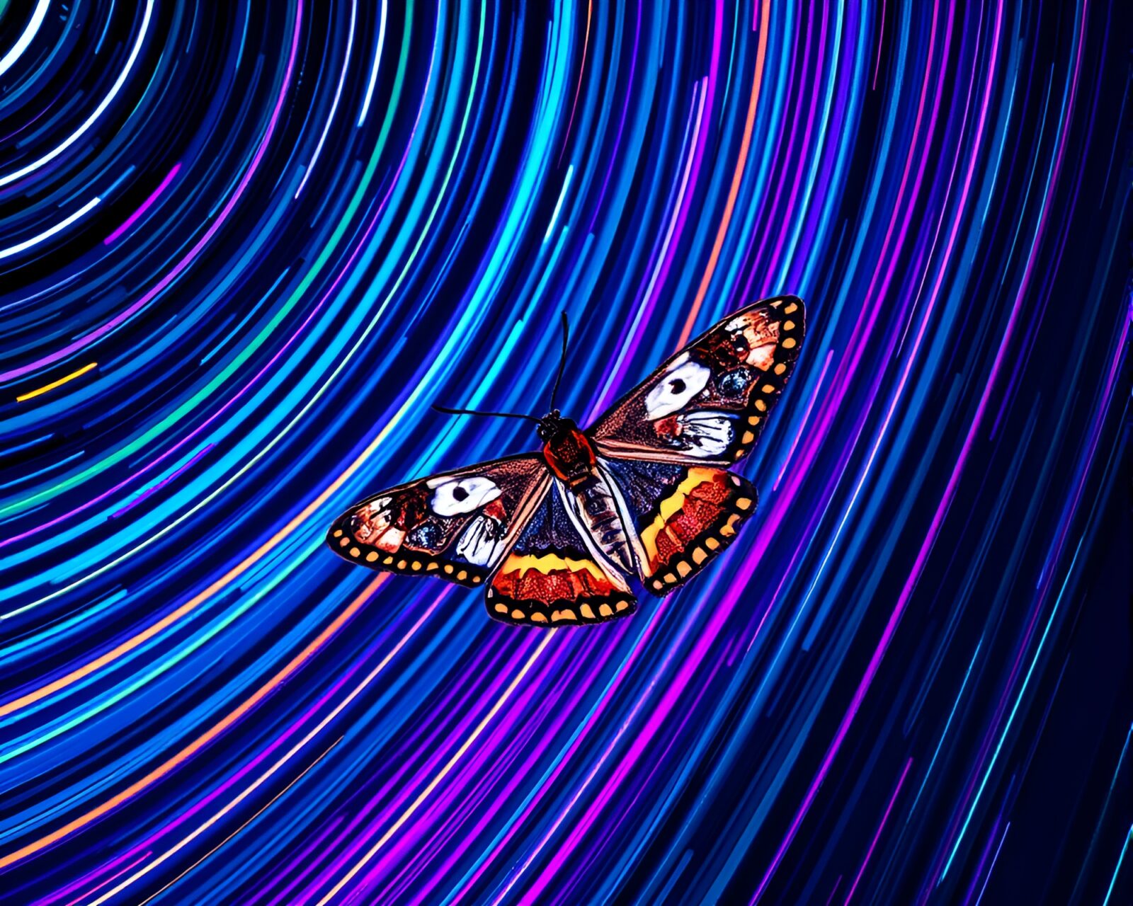 Vibrant neon colors depict a moth against star trails