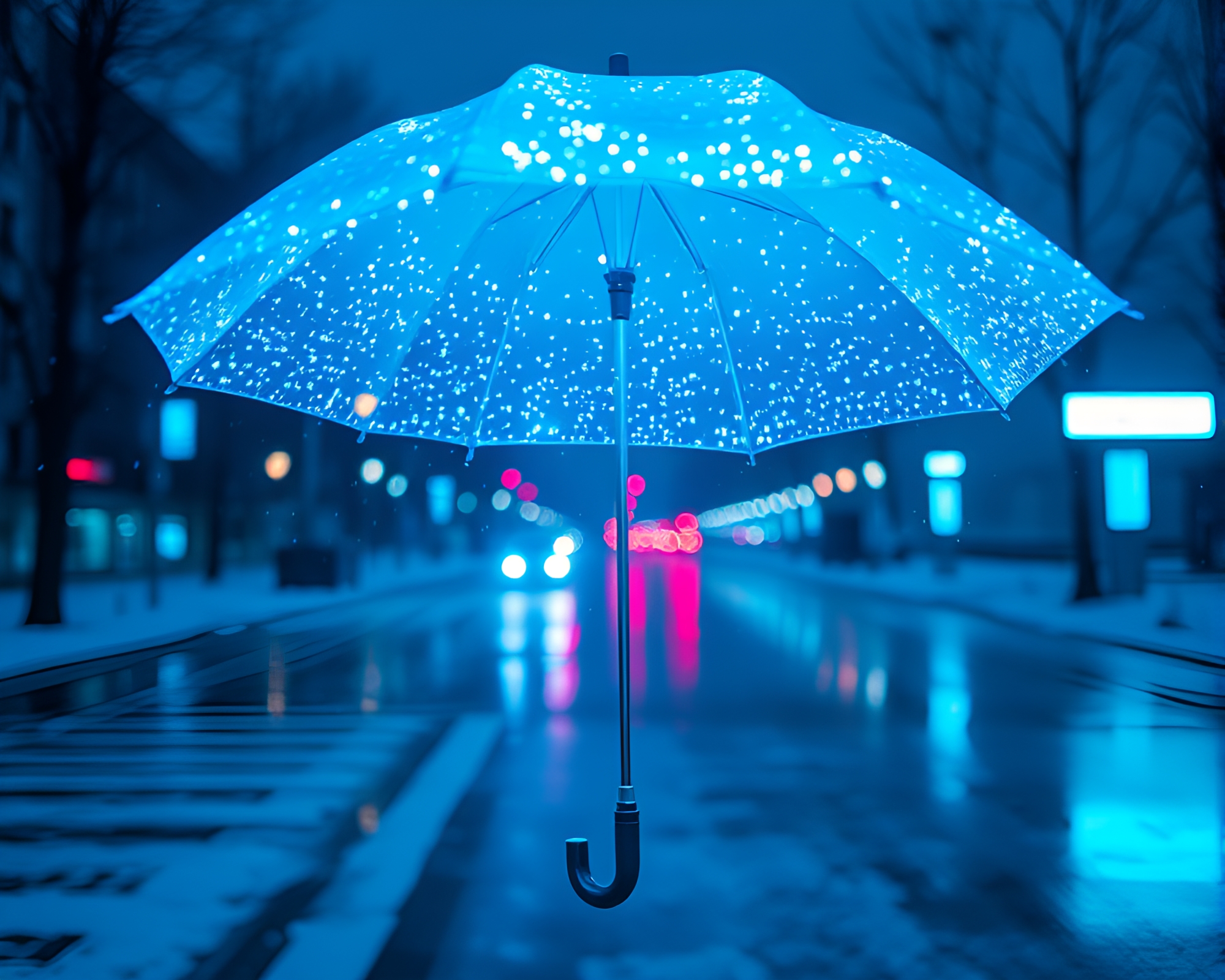 Neon umbrella hologram spectacle in ice-blue glow – free AI stock image