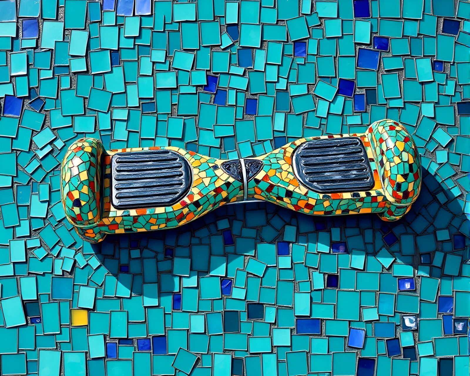 Pointillism art of person on hoverboard in serene turquoise