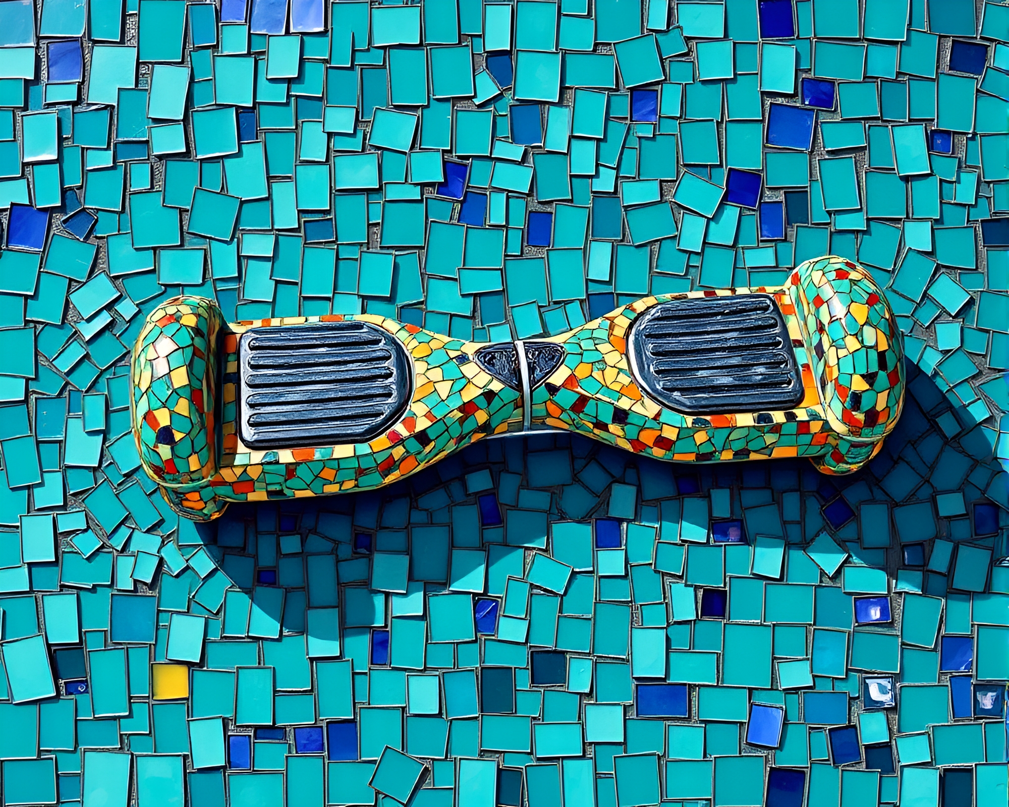 Fragmented Mosaic Hoverboard Ride in Turquoise Calm – free AI stock image