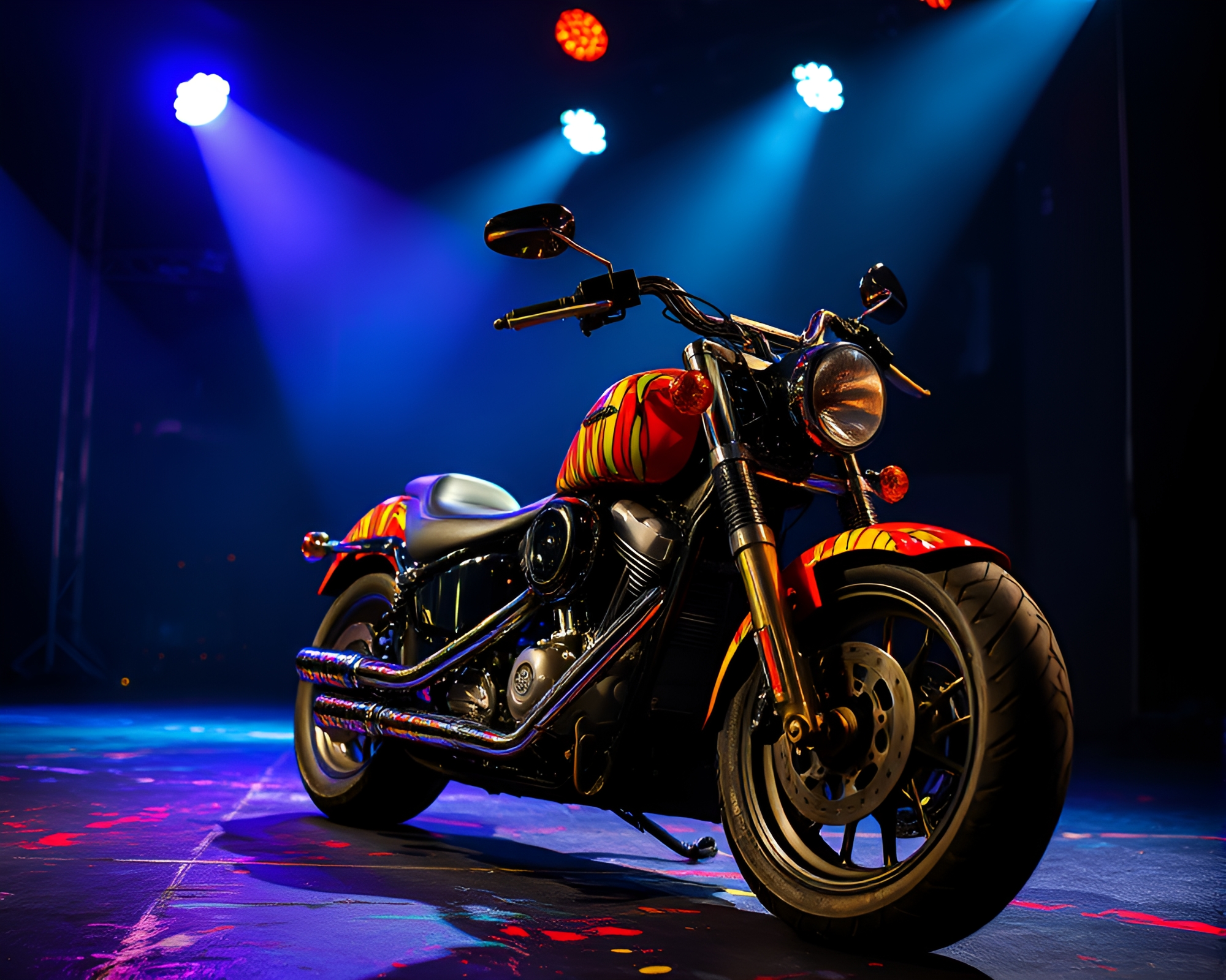 Vibrant Motorcycle Splatter Art under Concert Stage Lights – free AI stock image