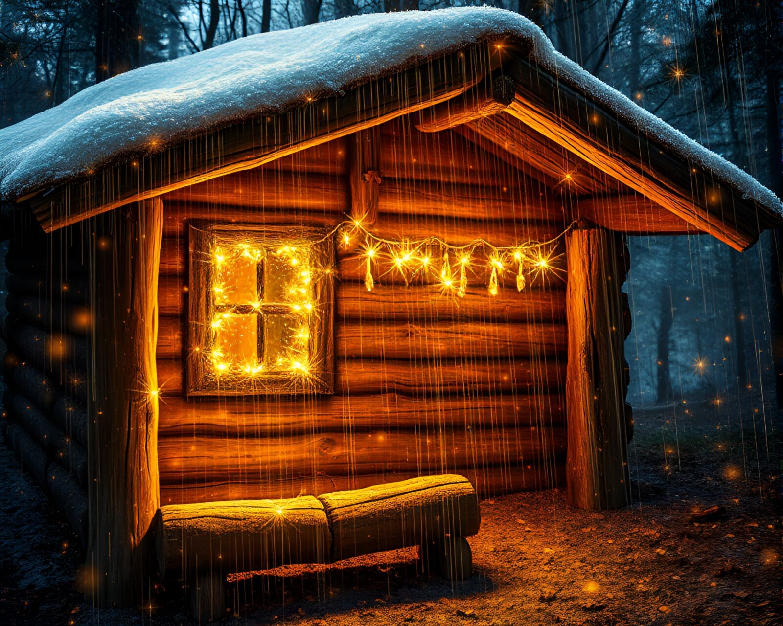 Metallic scratches on rustic cabin glowing with sparkling fairy lights