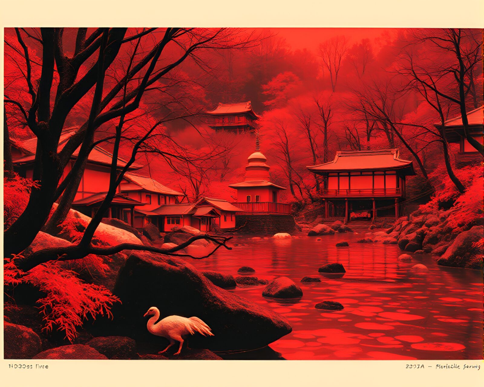 Medium shot of a red-themed lithograph hot spring scene