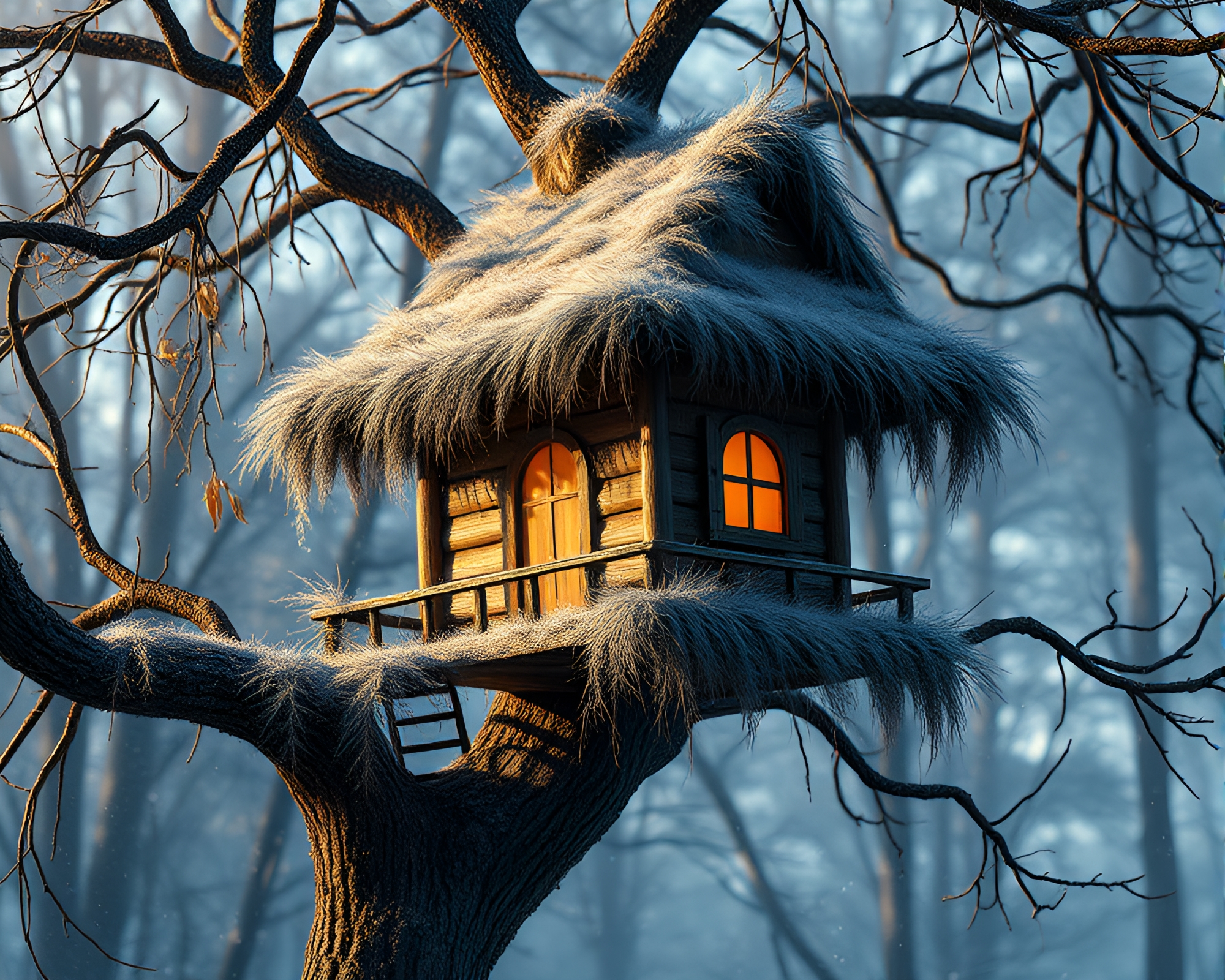 Feather Duster Cleaning in Mystical Treehouse with Harsh Shadows – free AI stock image