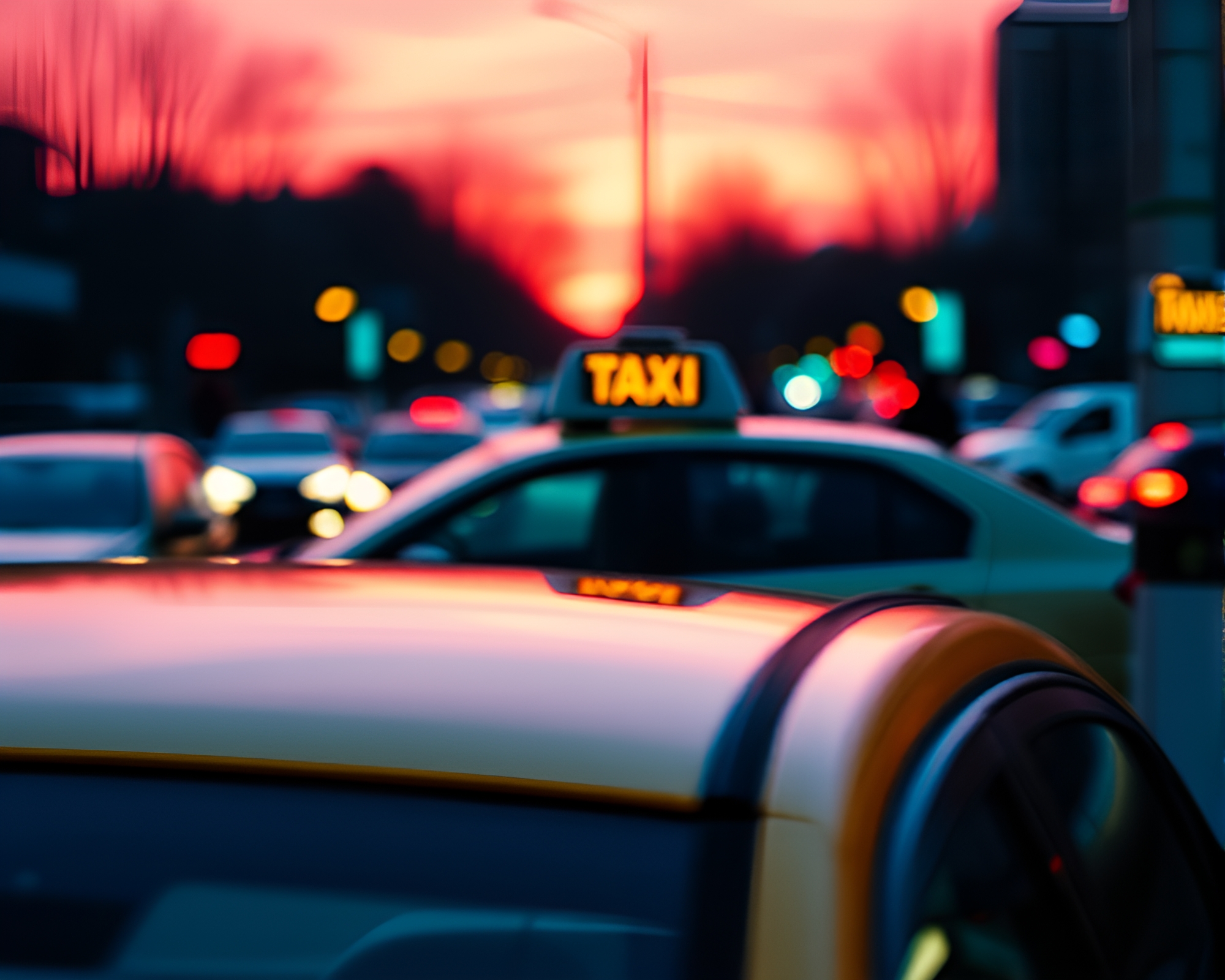 Impressionist Taxi Ride Through Binary Sunrise – free AI stock image
