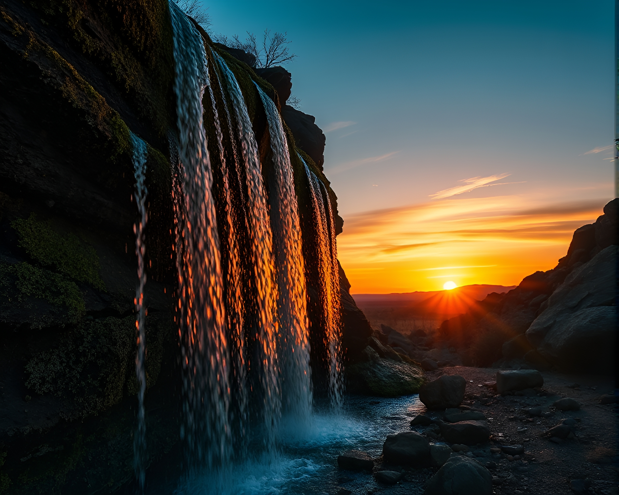 Majestic Waterfall in Desert Sunset with Lichen Texture – free AI stock image