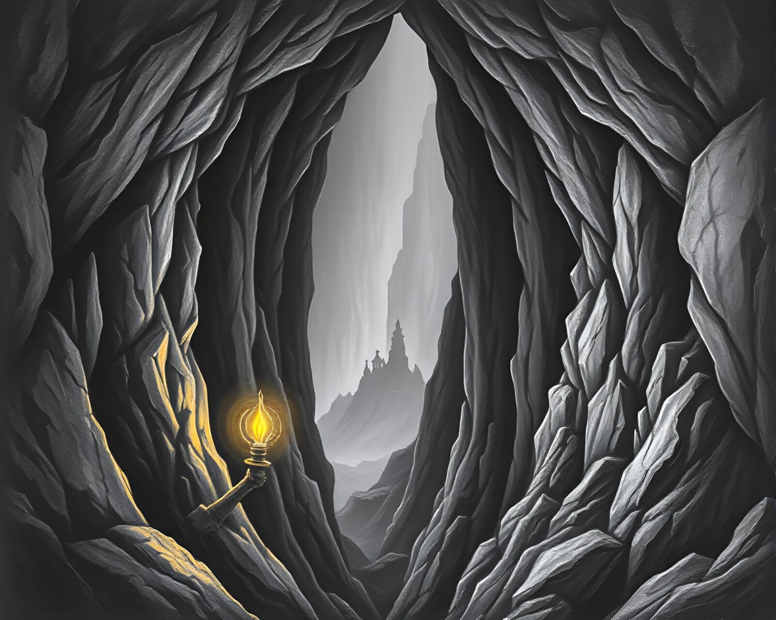 Chalk drawing of paper tears revealing canyon walls in torchlight