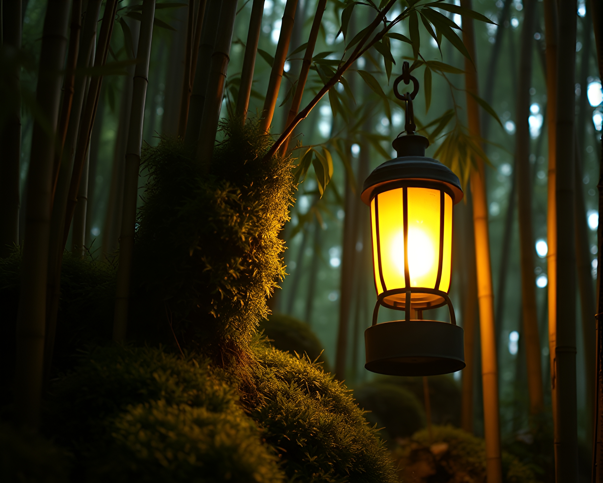 Enchanting Bamboo Grove Illuminated by Lantern Light – free AI stock image