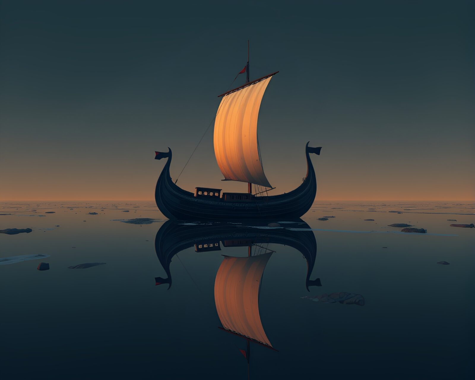 Voxel art of a Viking longship reflecting in a serene puddle