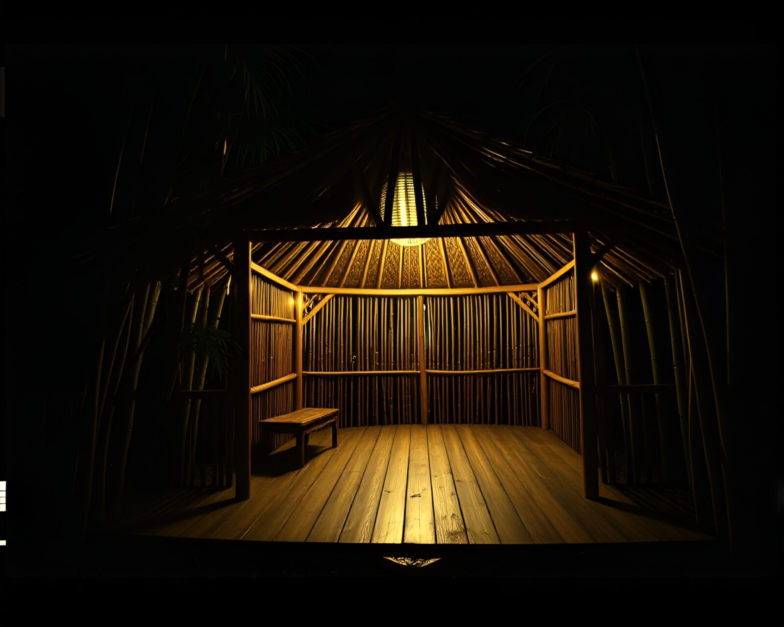 A noir scene of a bamboo hut with disco ball glimmer
