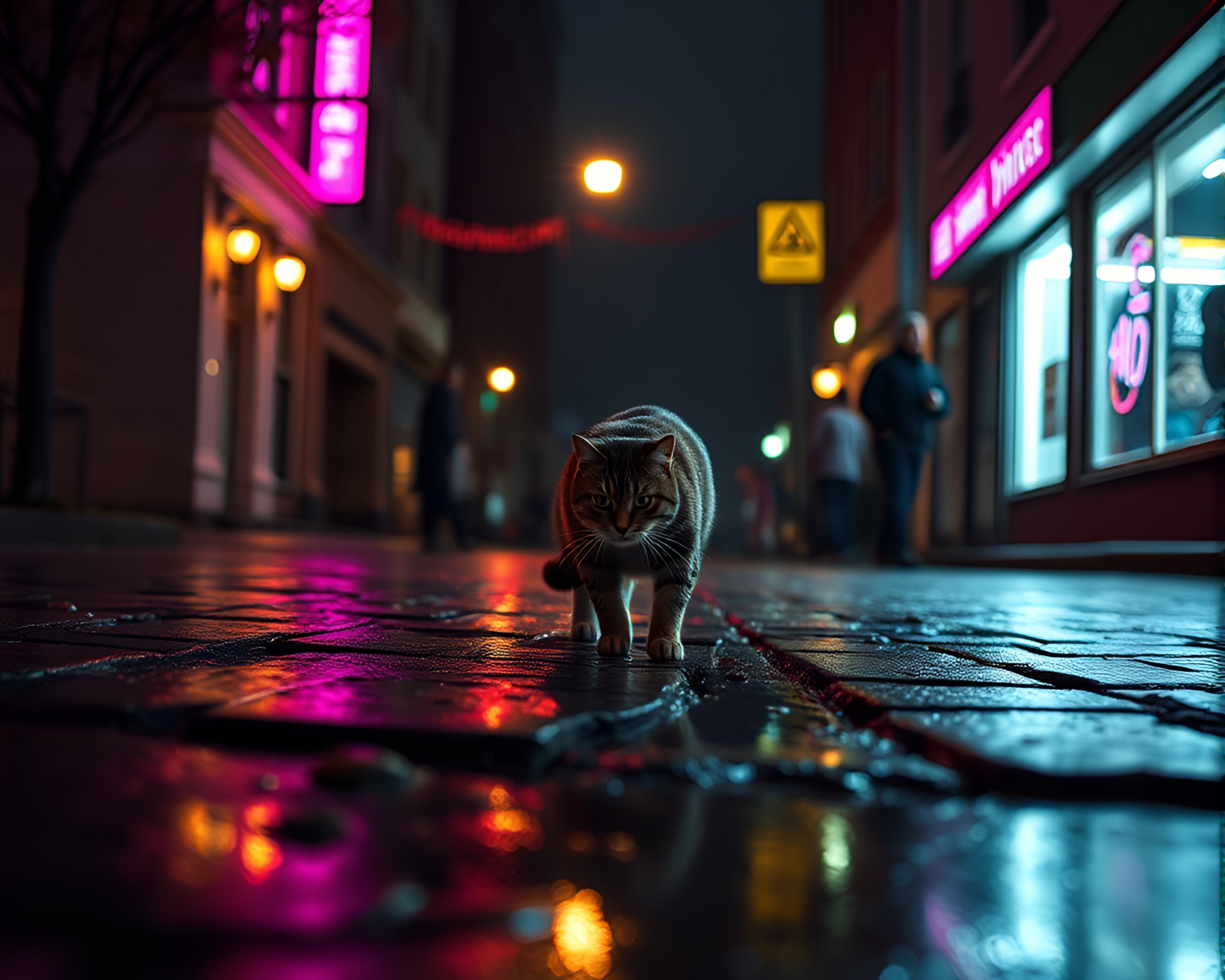 Schrodinger’s Cat on Wet Magenta Pavement – free AI stock image