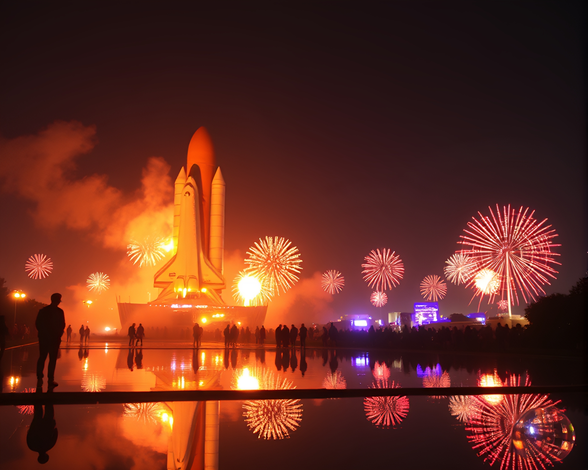 Space Shuttle Reflection Silhouette in Festive Vaporwave – free AI stock image