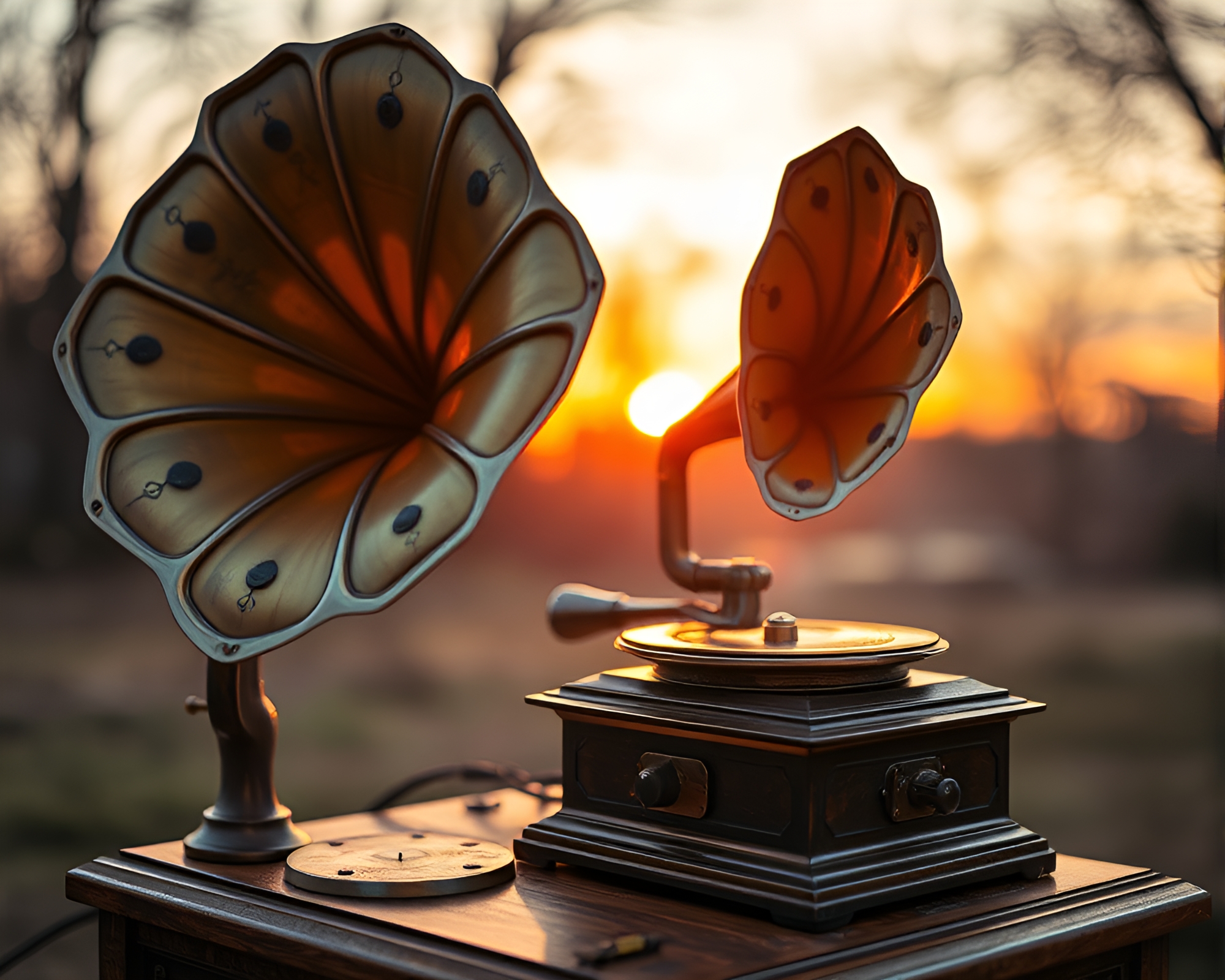 Steampunk Gramophone in Golden Hour Dusk – free AI stock image