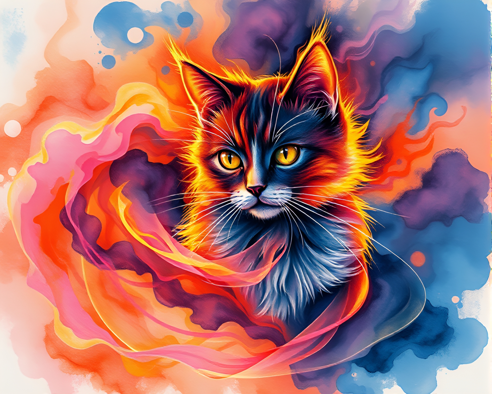 Neon Schrodinger’s Cat in Watercolor Smoke Plume Swirl – free AI stock image