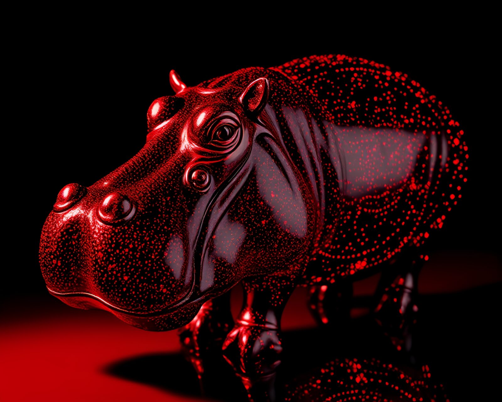 Hyper-realistic image of a hologram specked hippo in red