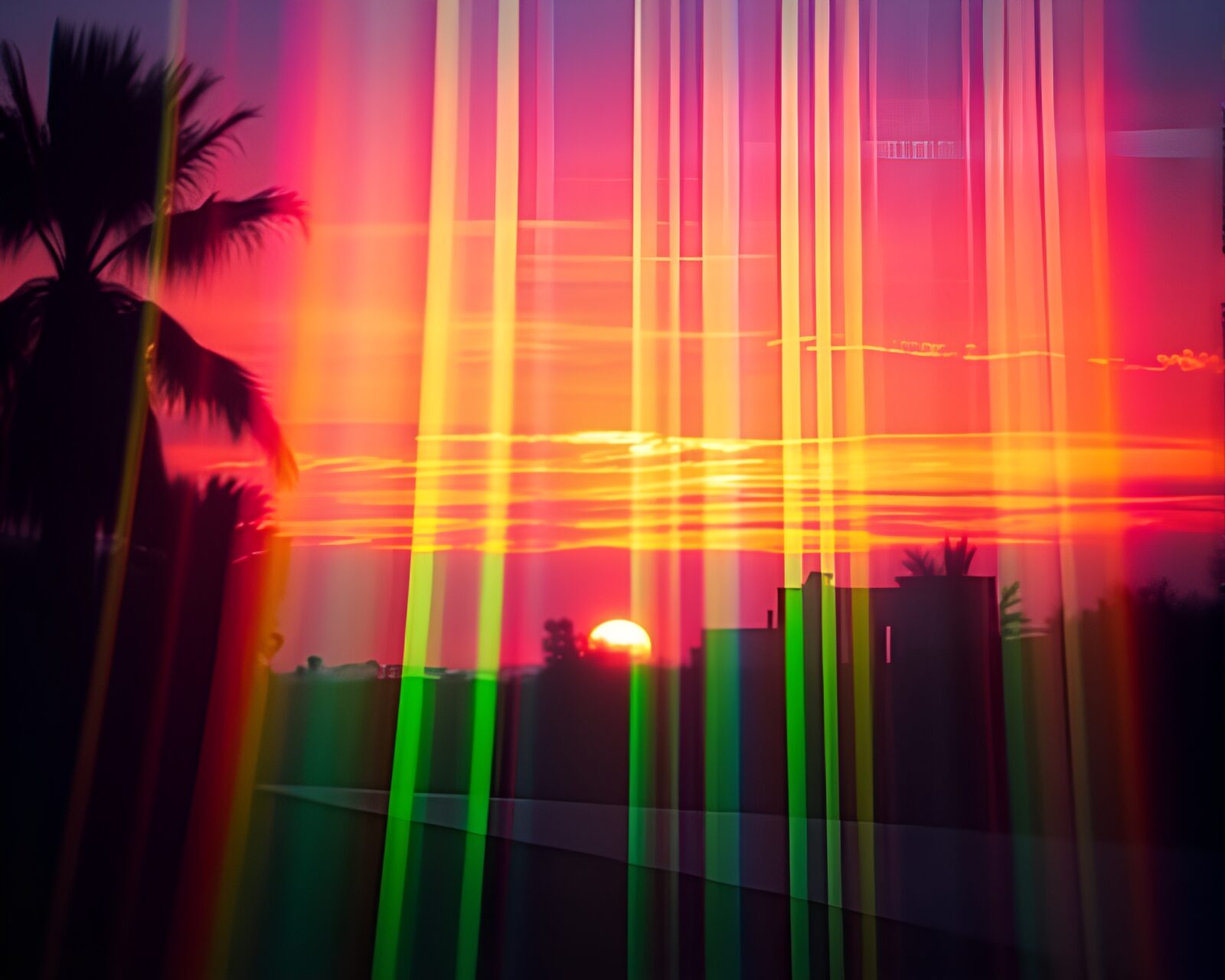 Holographic vaporwave sunset with thermal imaging colors