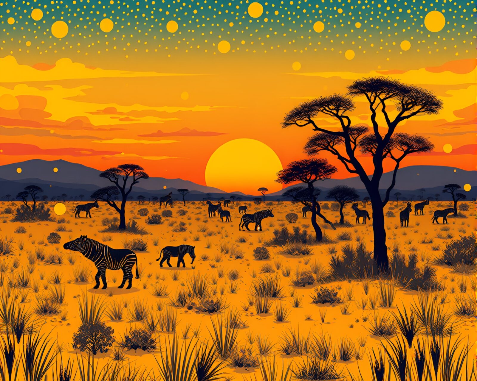 Illustration of mechanical animals in holographic savanna at dusk