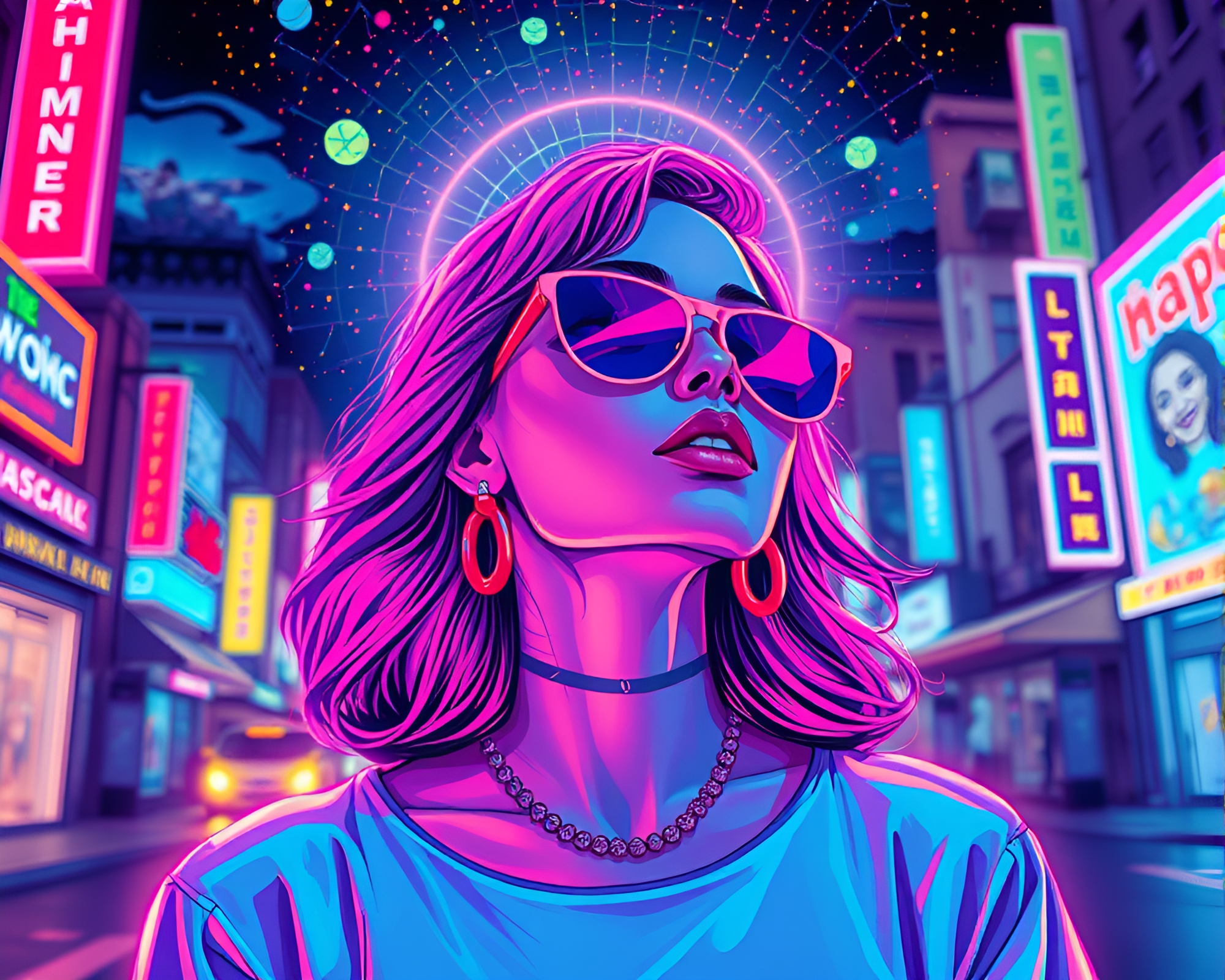 Neon Astral Fashion Projection in Vibrant Cityscape – free AI stock image