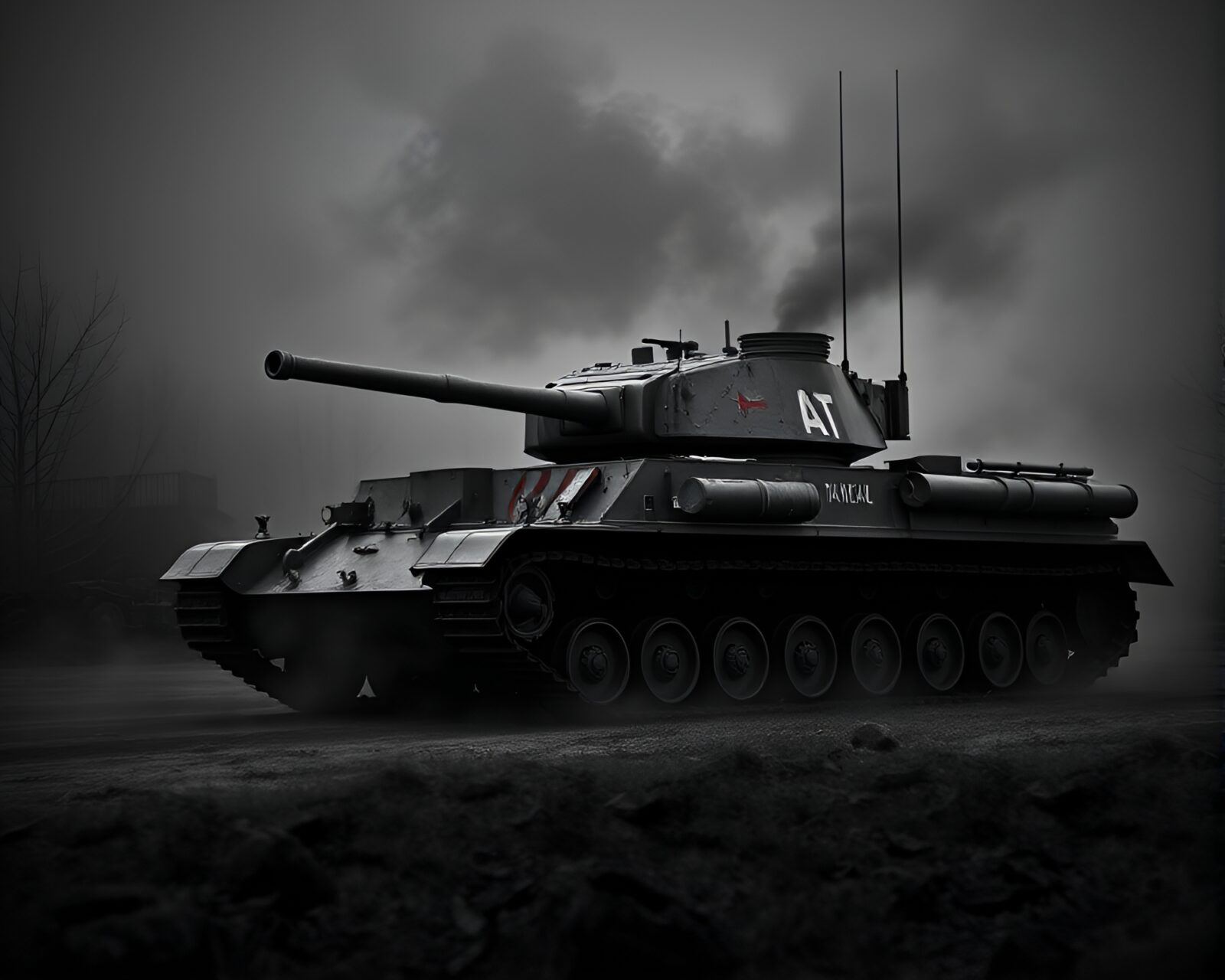 Photocollage of tank surrounded by eerie candle smoke haze
