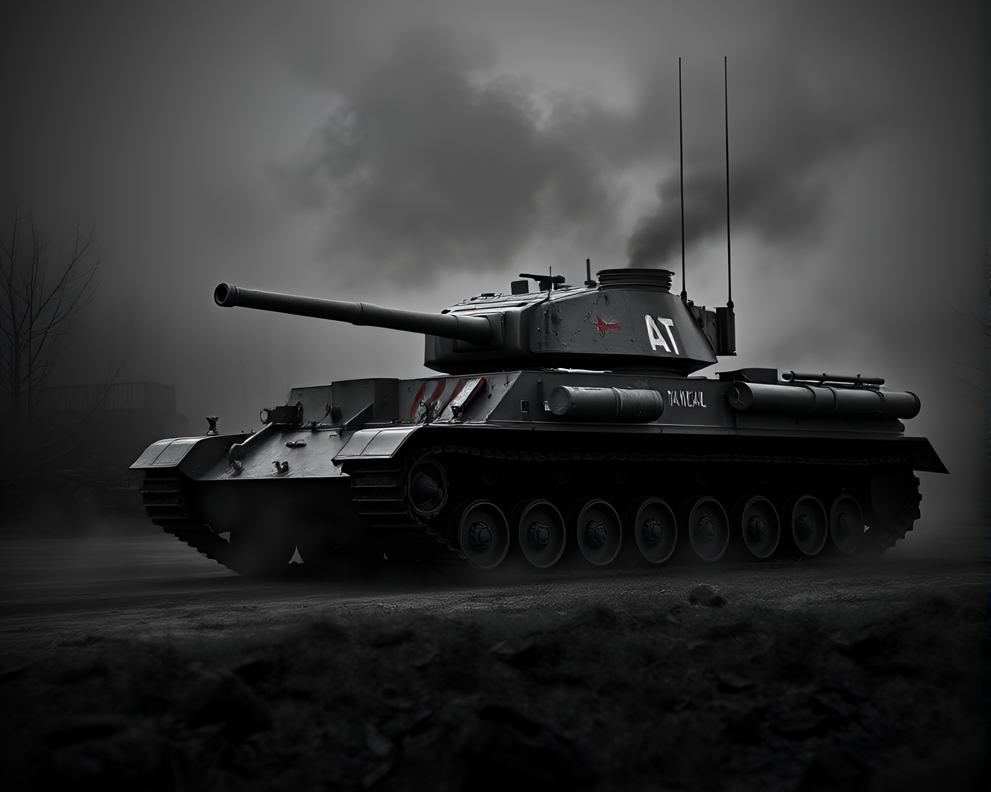 Candle Smoke Envelops Armored Tank in Desaturated Gloom – free AI stock image