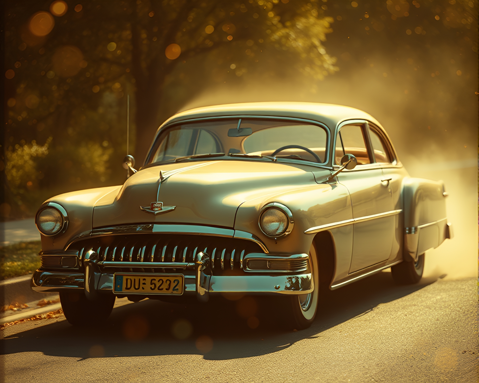 Vintage Car with Gold Foil Highlights in Sepia Tone – free AI stock image