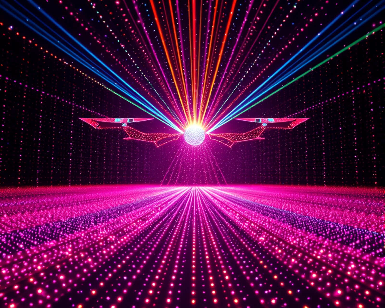 Futuristic drone emitting infrared light in a kinetic art scene