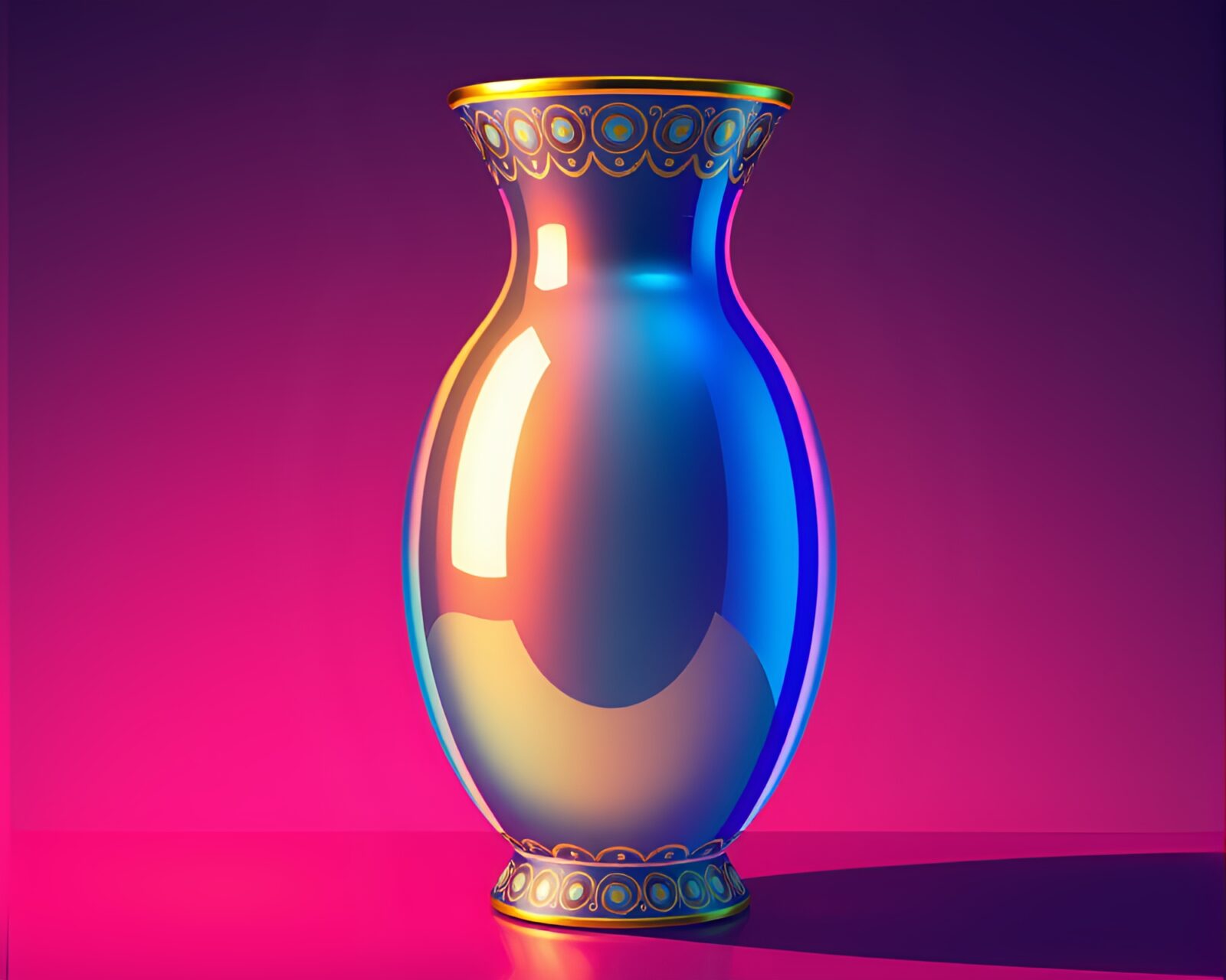 Vibrant cartoon vase reflecting rainbow colors in neon light