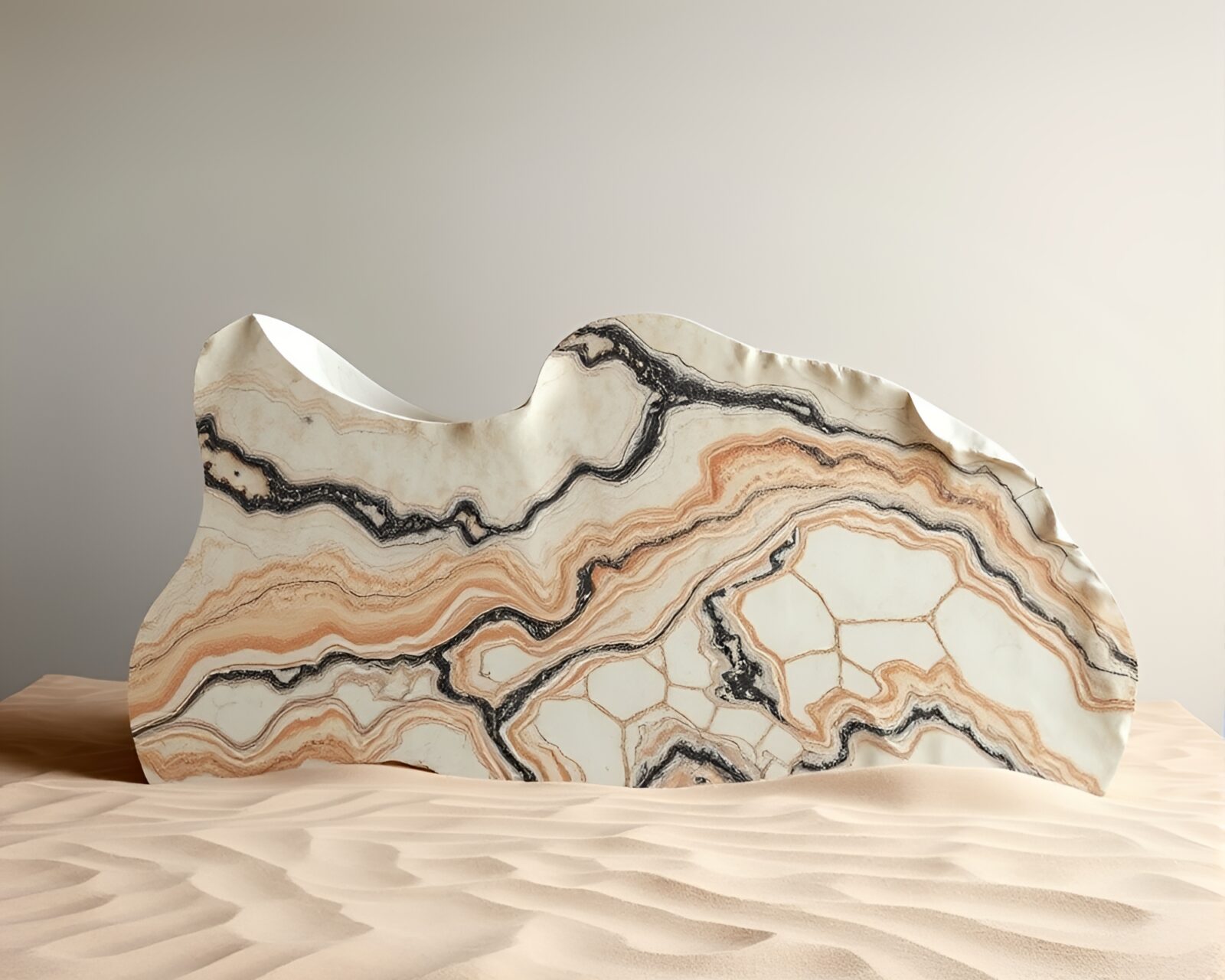 Marble sculpture adorned with chalk scrawls in desert hues