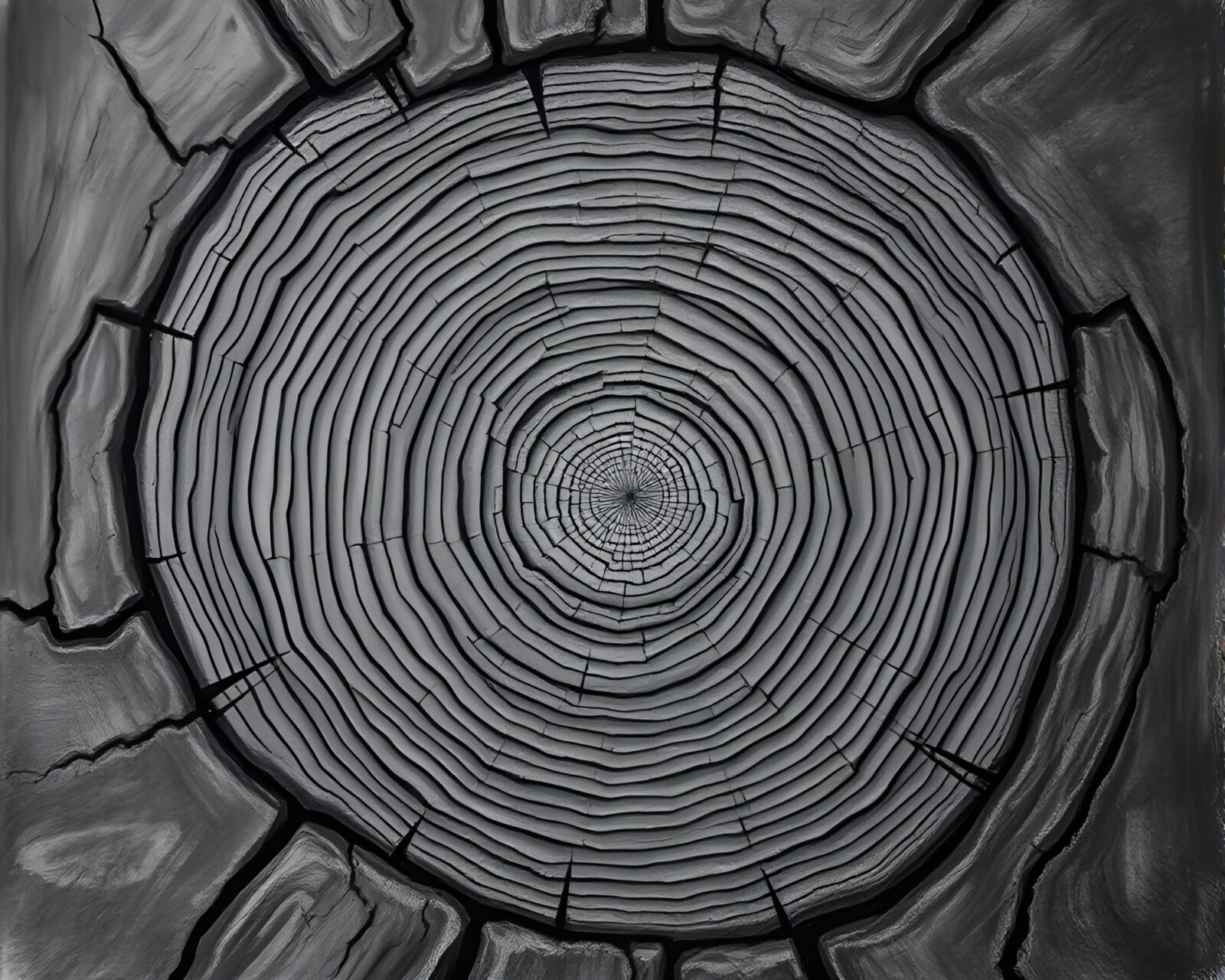 Intricate gray cave painting of tree rings in sgraffito technique