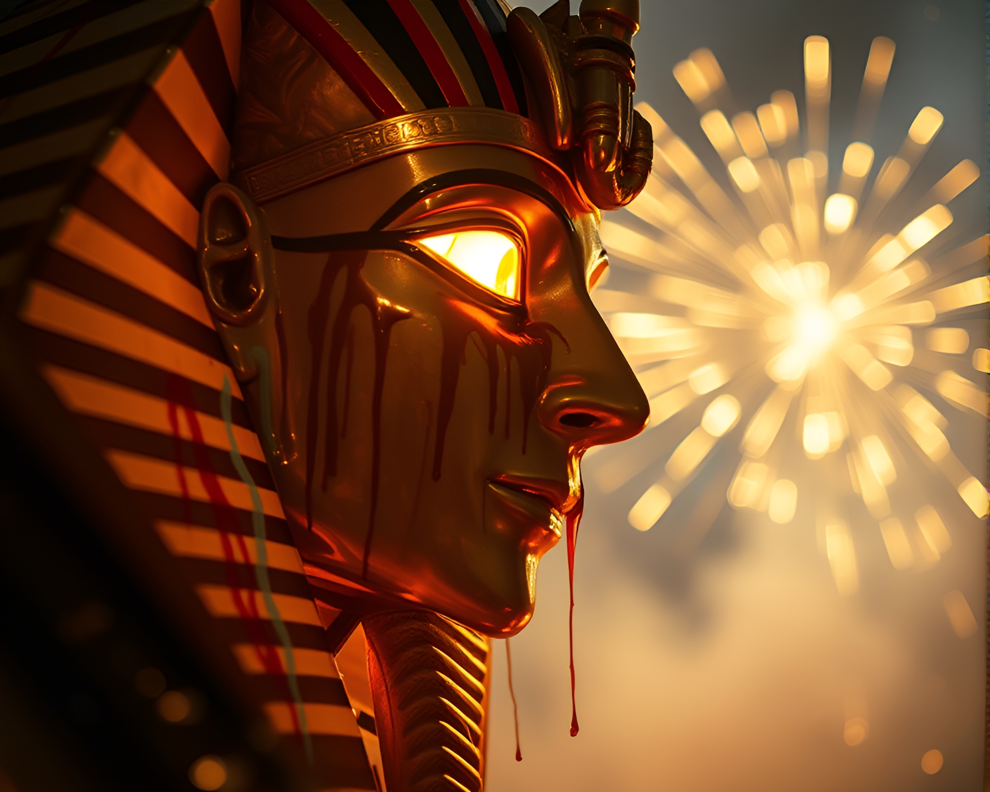 Ethereal Pharaoh Mask Amidst Colorful Paint Drips – free AI stock image
