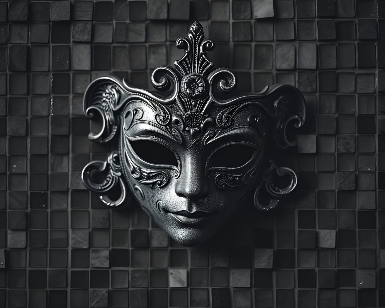 Moody Venetian mask in intricate mosaic tiling art