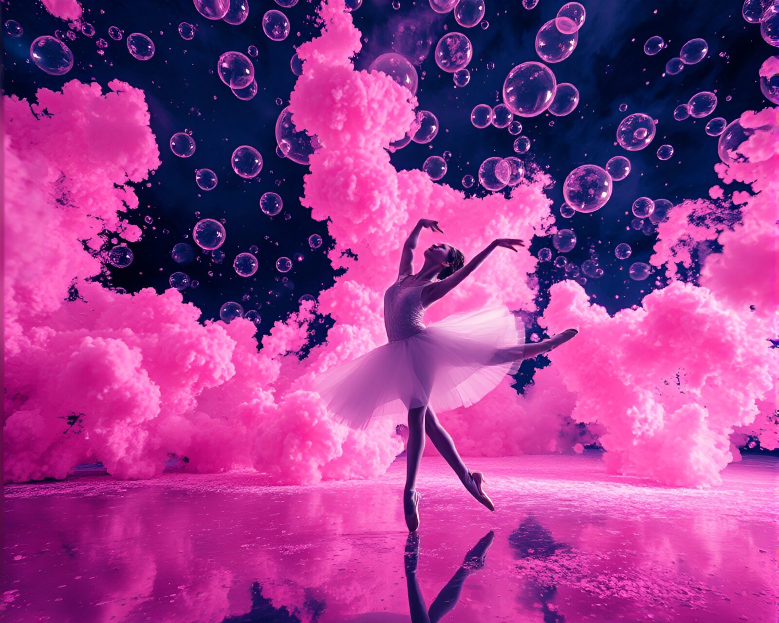 Dreamy duotone red-blue ballet dancer surrounded by glowing bubbles