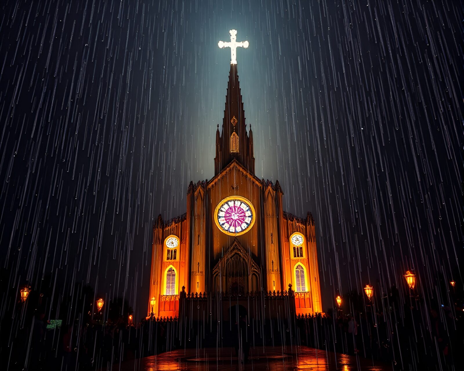 Laser sword glowing in mosaic rain droplets at candlelit church