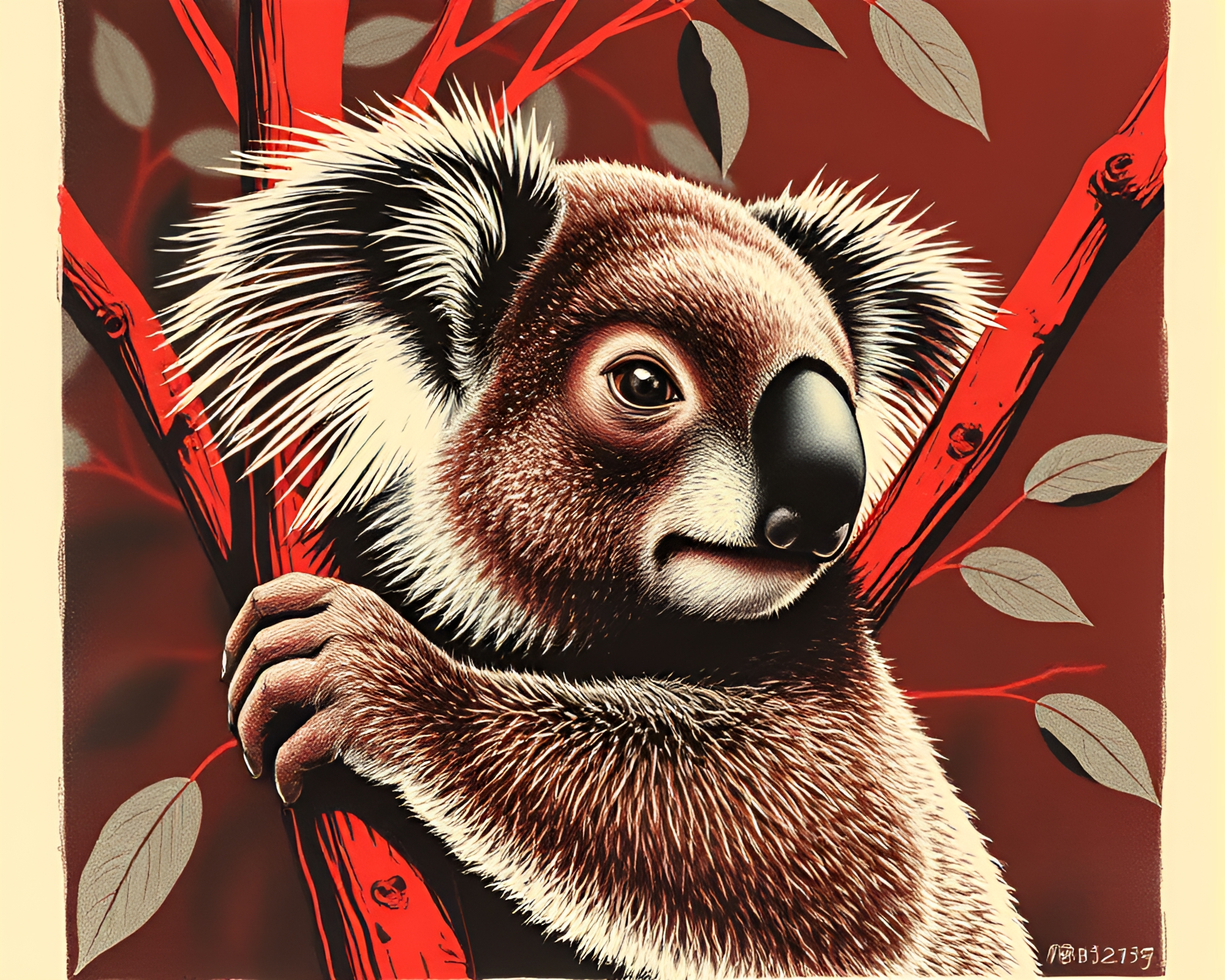Koala Woodblock Print: Ruby Red Cinemagraph – free AI stock image